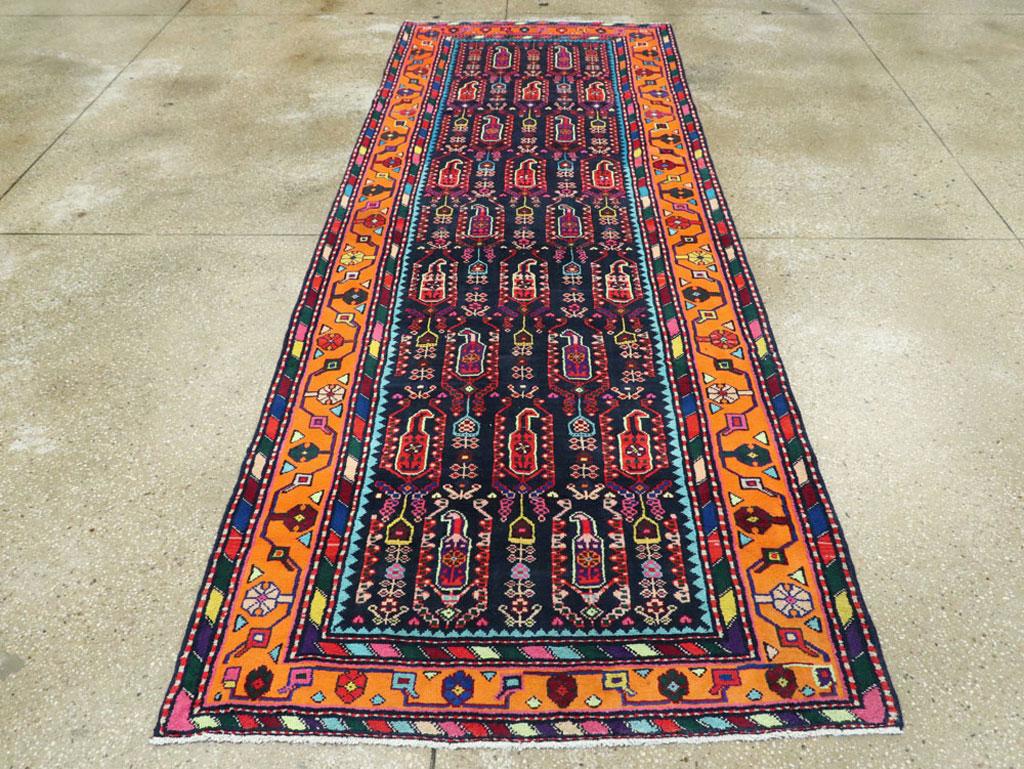Hand-Knotted Mid-Century Persian Folk Runner In Midnight Blue and Orange