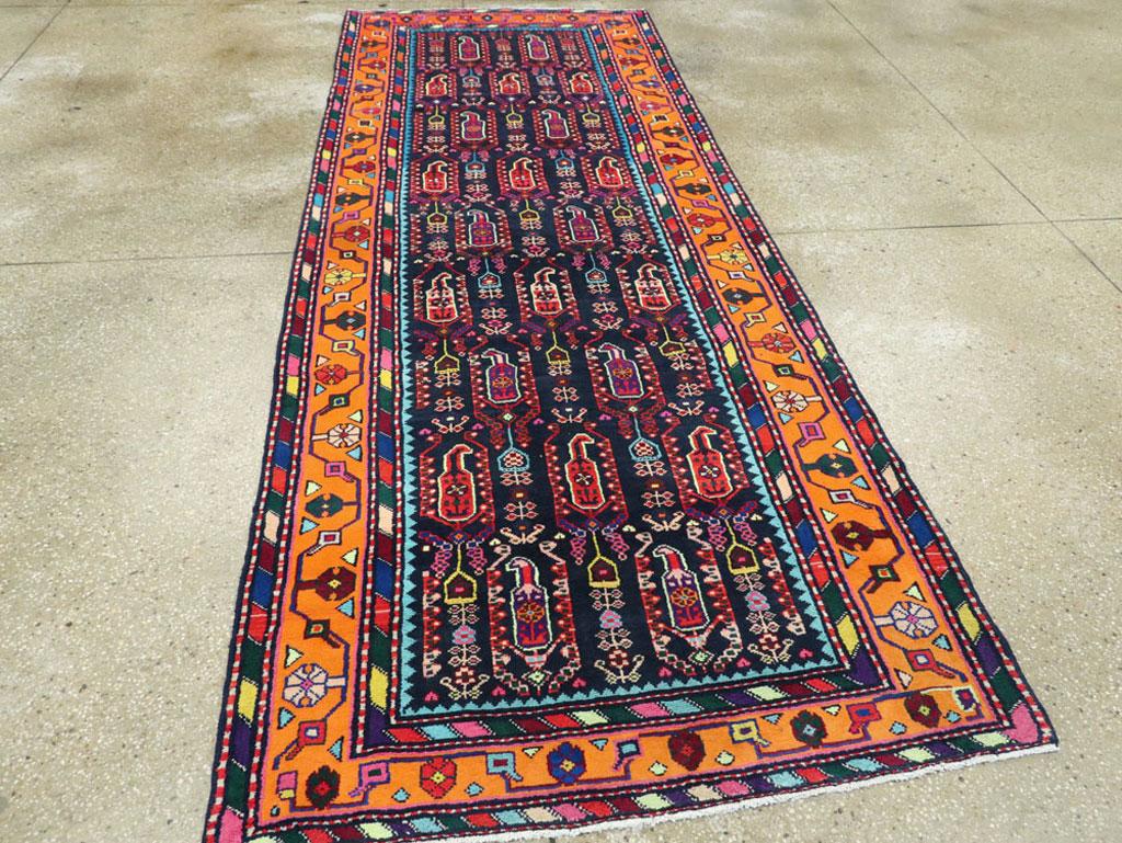 Mid-Century Persian Folk Runner In Midnight Blue and Orange In Excellent Condition In New York, NY
