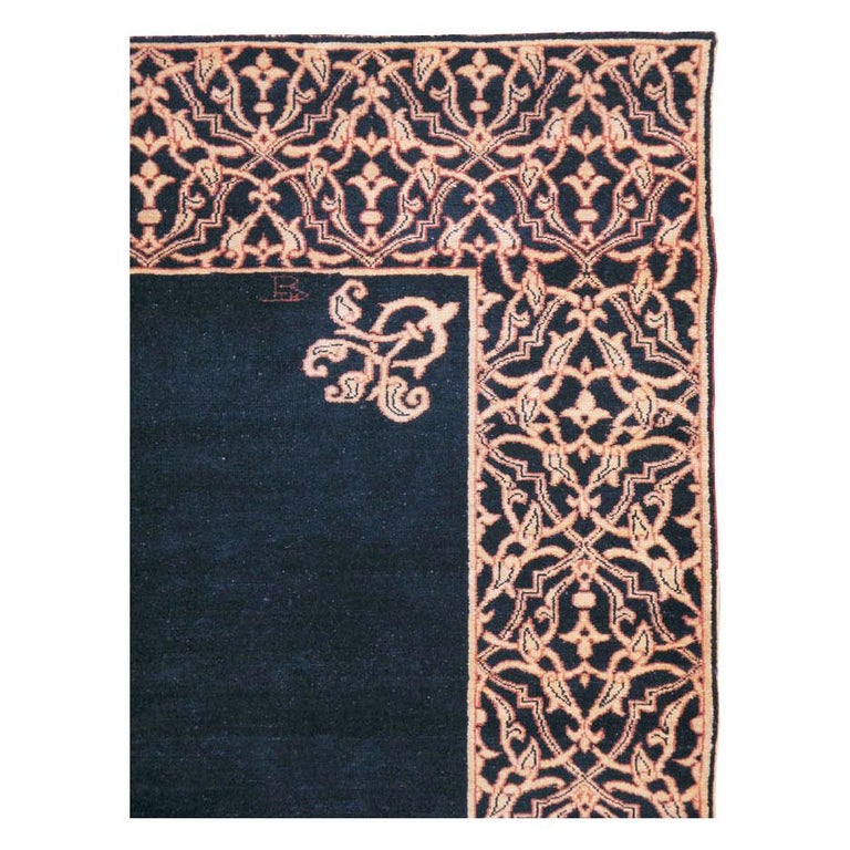 Midcentury Handmade Persian Art Deco Style Navy Blue Area Rug For Sale