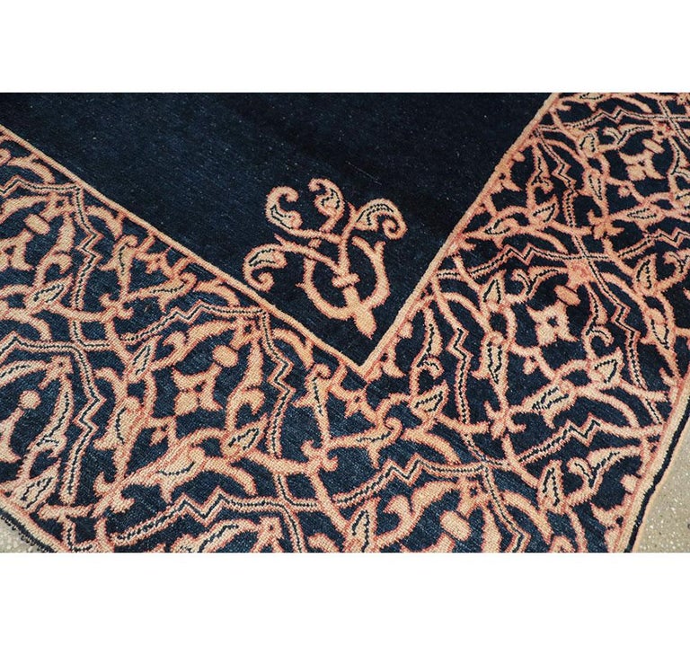 Midcentury Handmade Persian Art Deco Style Navy Blue Area Rug For Sale