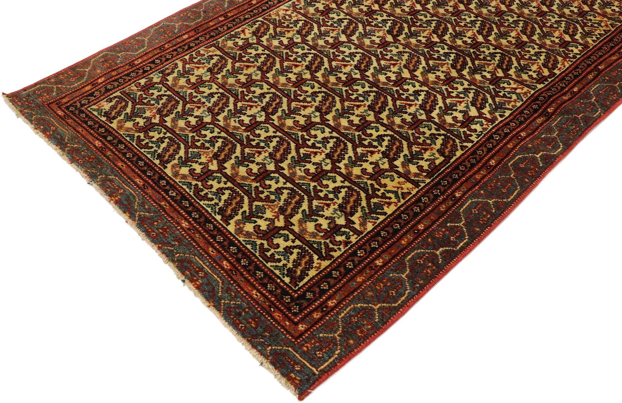 53145, vintage Persian Malayer rug with Boteh Lattice design and Arts & Crafts style. With rustic charm and timeless appeal in an earthy-inspired colorway, this hand knotted wool vintage Persian Malayer rug can beautifully blend modern,