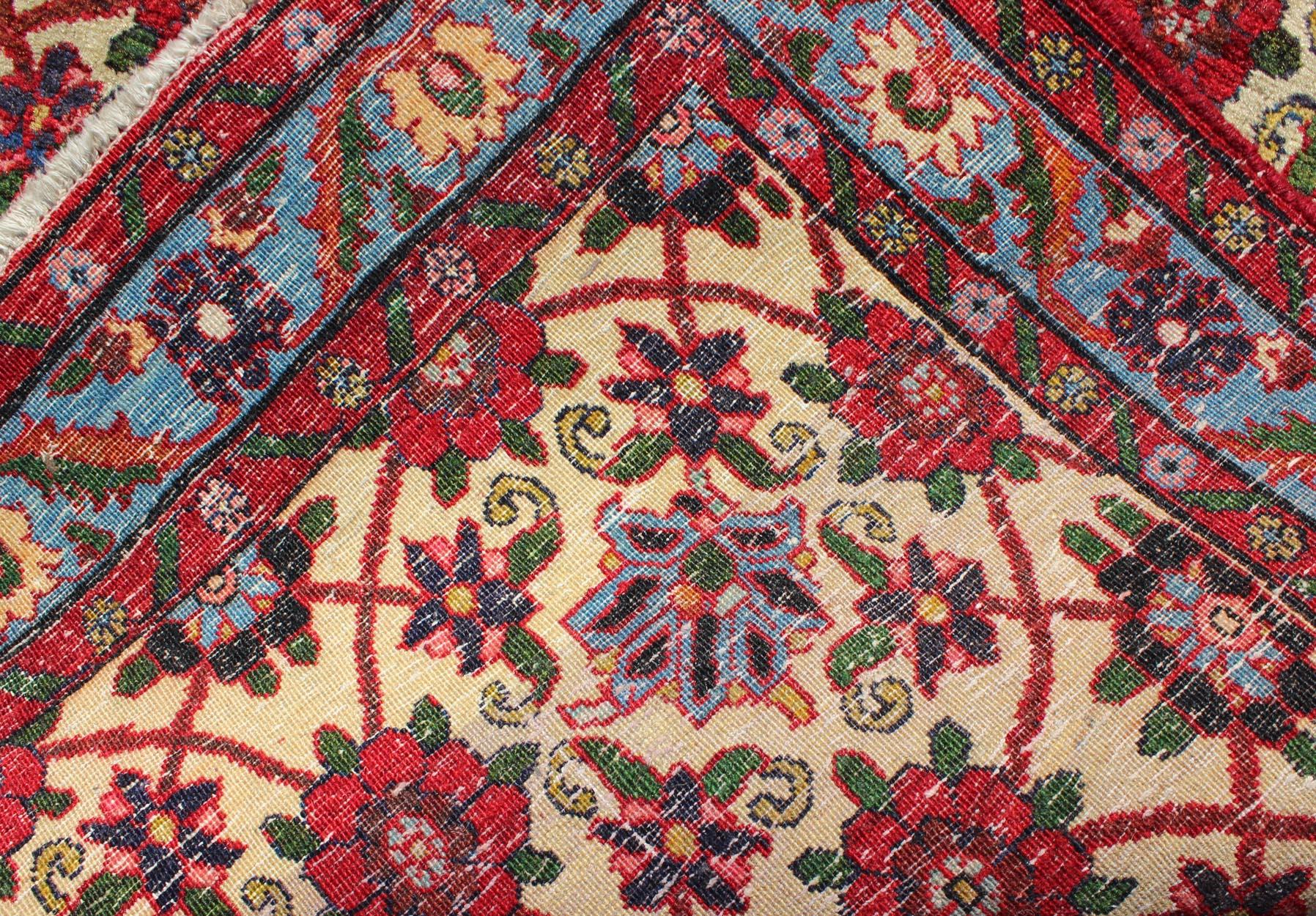 Semi Antique Persian Malayer Rug with Floral Pattern in Rich Red, Yellow Tones For Sale 5