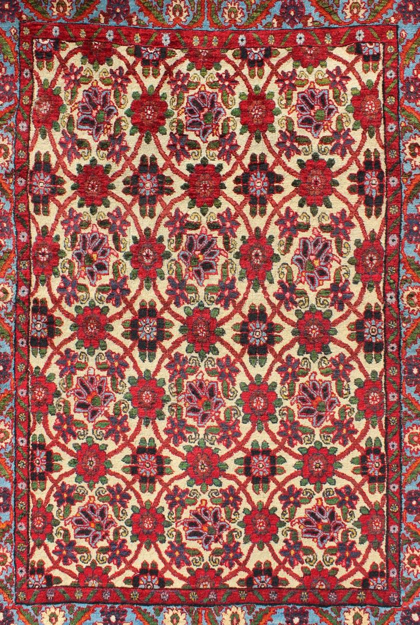 Hand-Knotted Semi Antique Persian Malayer Rug with Floral Pattern in Rich Red, Yellow Tones For Sale