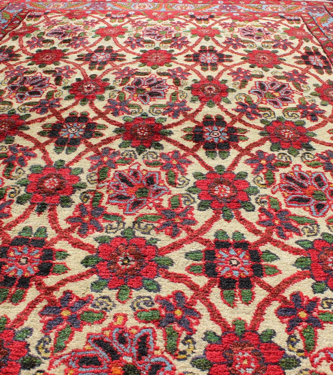 Semi Antique Persian Malayer Rug with Floral Pattern in Rich Red, Yellow Tones For Sale 1