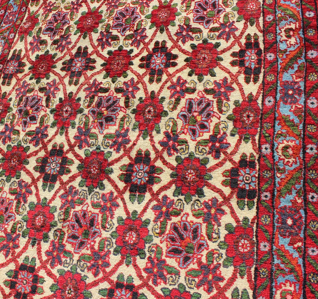 Semi Antique Persian Malayer Rug with Floral Pattern in Rich Red, Yellow Tones For Sale 2