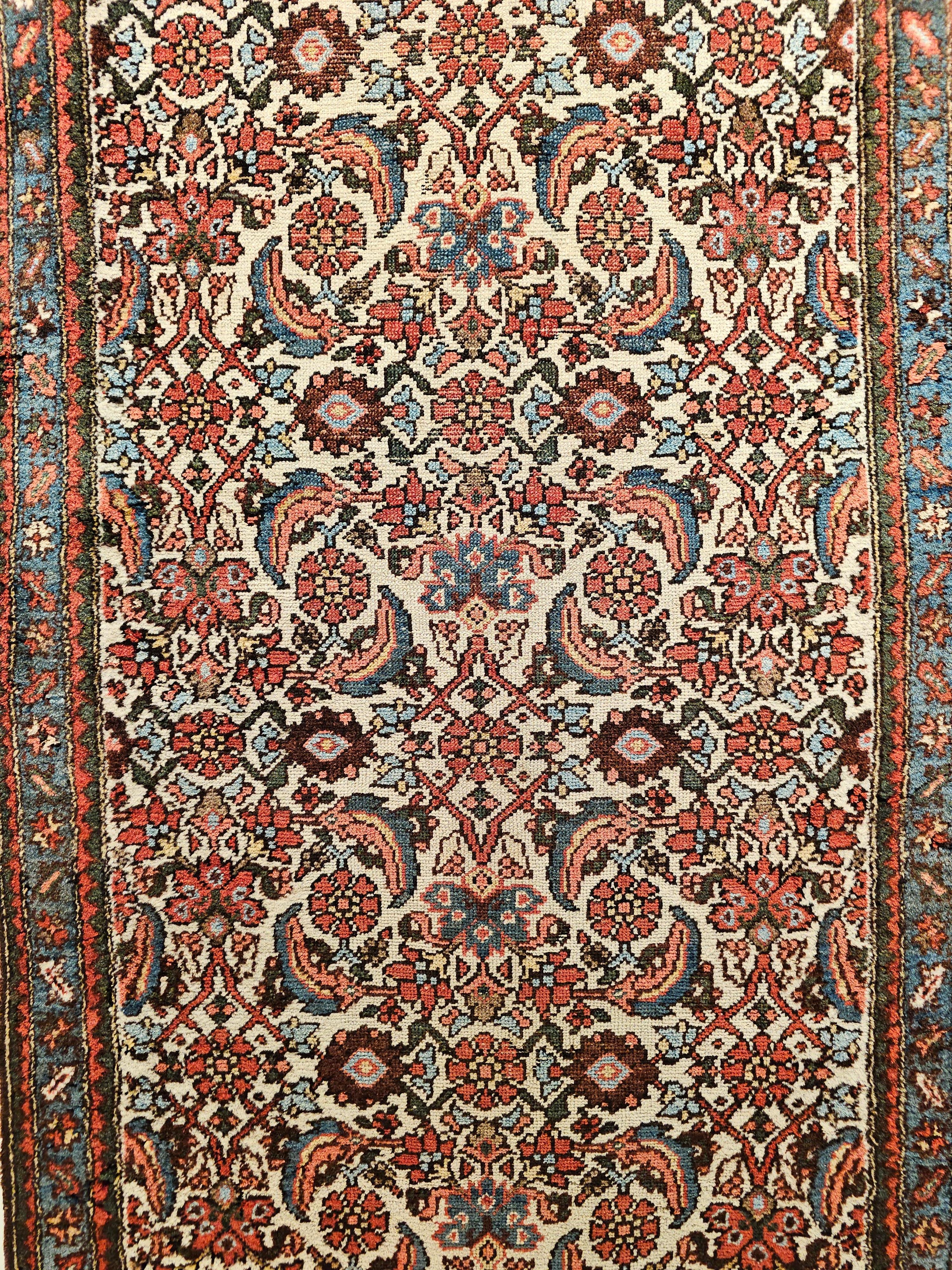 Vintage Persian Bidjar Runner in Allover Herati Pattern in Ivory, French Blue In Good Condition For Sale In Barrington, IL