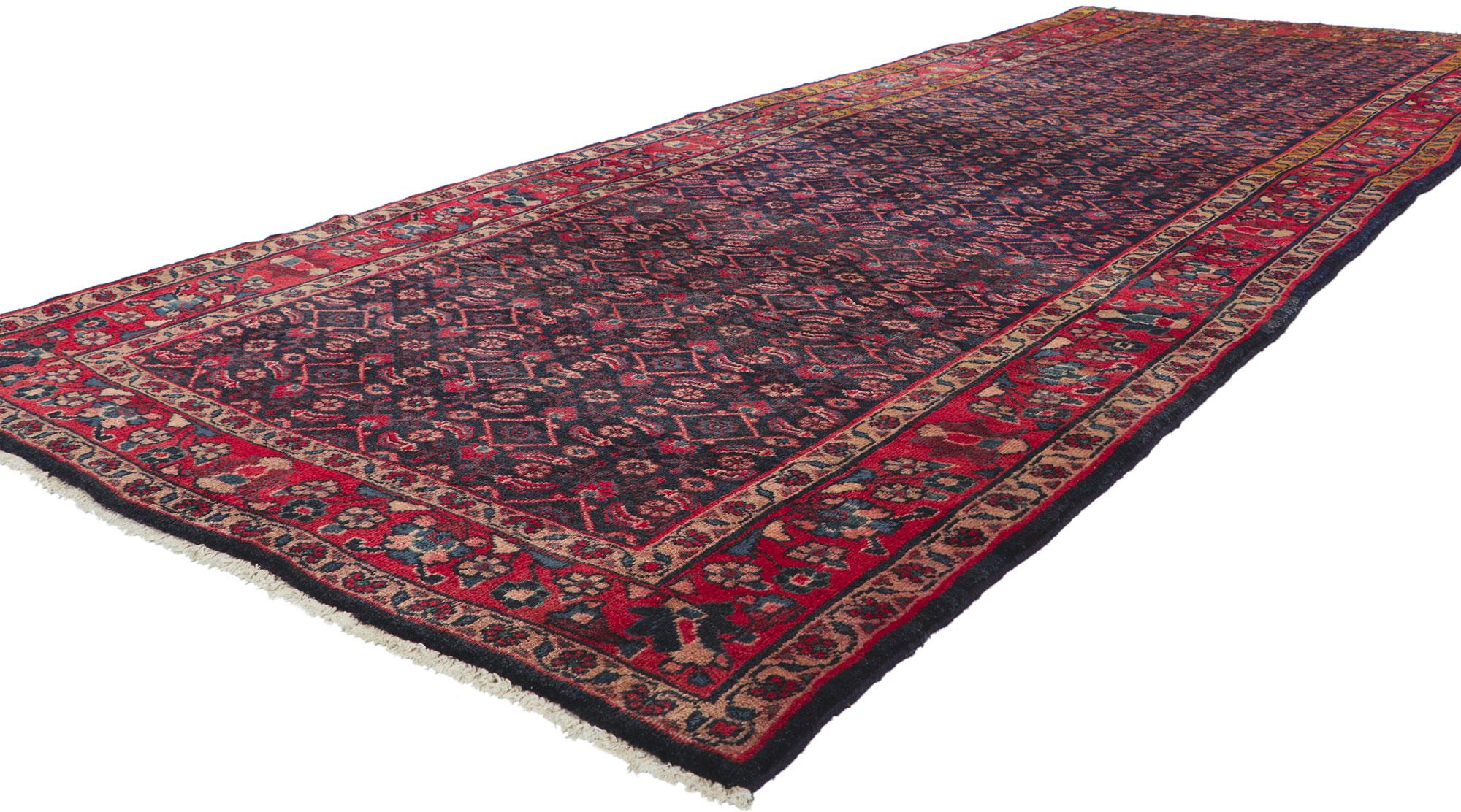 61056 Vintage Persian Malayer Hallway Rug with Traditional Style 04'00 x 10'03. Emanating sophistication and traditional style, this hand-knotted wool vintage Persian Malayer runner is a captivating vision of woven beauty. The abrashed navy blue
