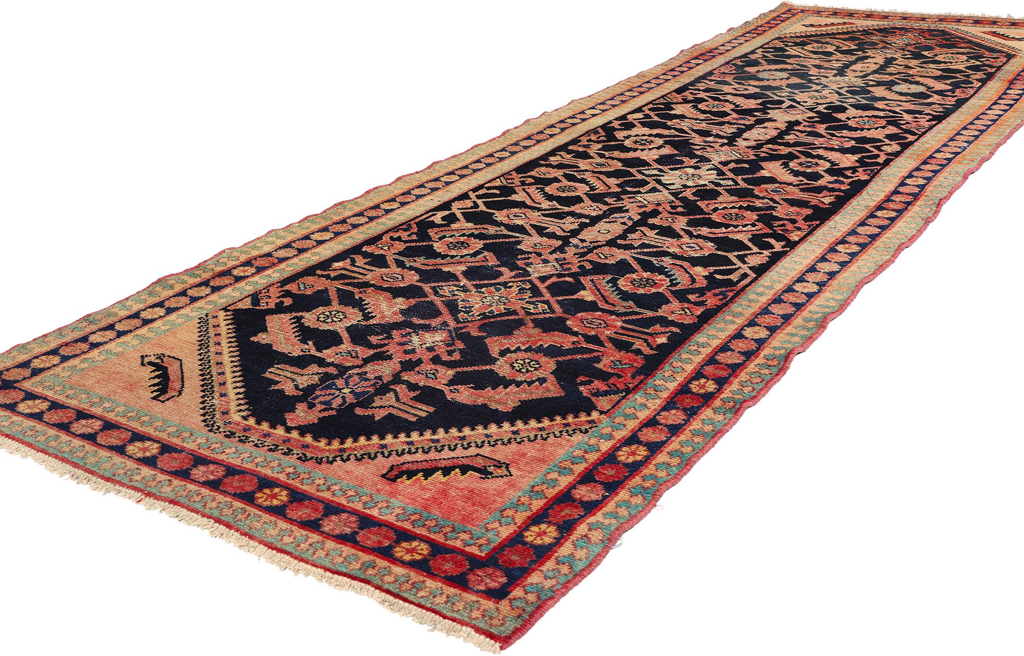 75215 Vintage Persian Malayer Rug Runner, 03'05 X 11'06. Persian Malayer carpet runners, originating from the Malayer region in western Iran, are prized for their meticulous craftsmanship and elongated dimensions, perfect for enhancing narrow spaces