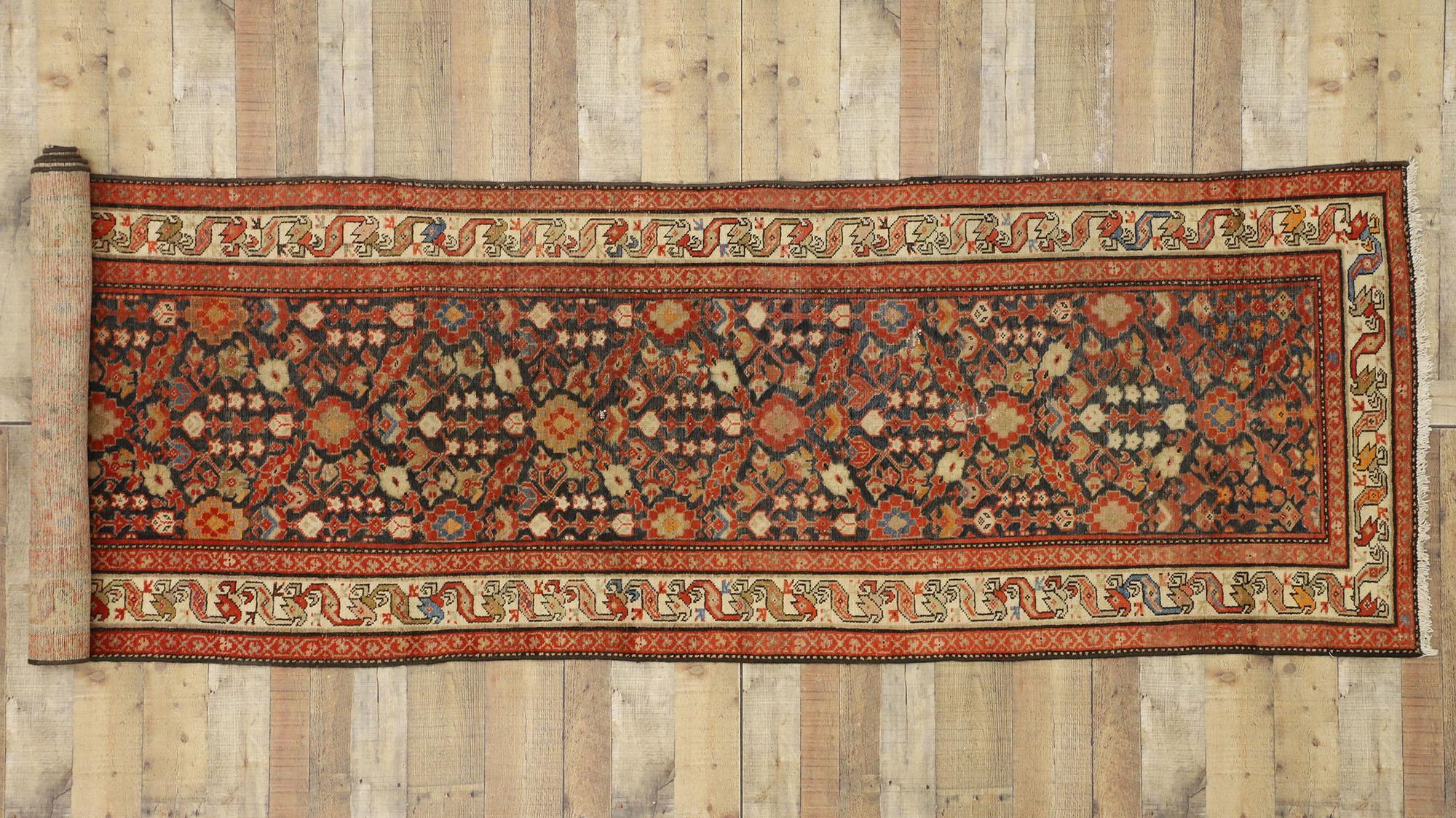 Wool Vintage Persian Malayer Runner with Guli Hinnai Flower and Mina Khani Design For Sale