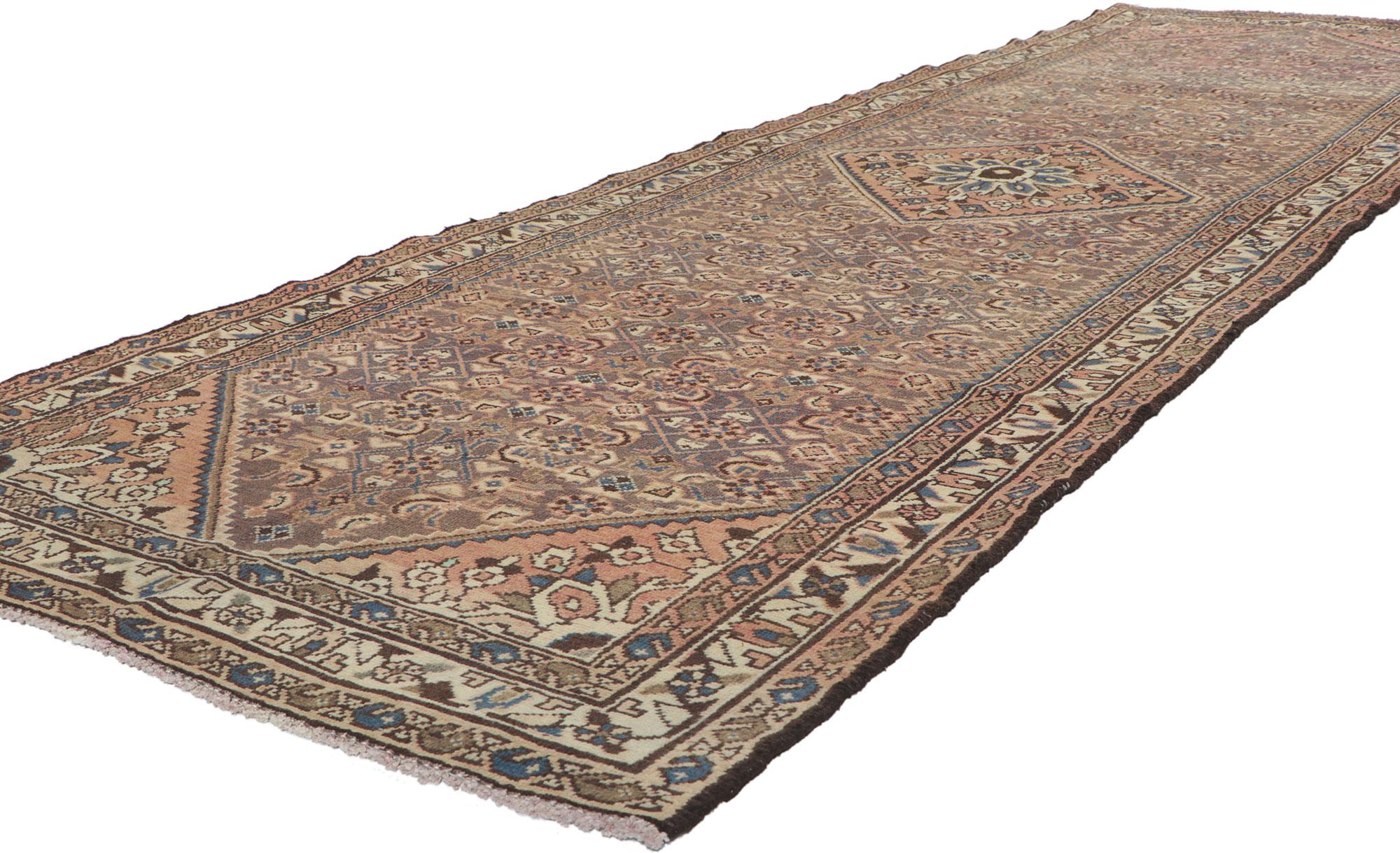 61088 Vintage Persian Malayer Runner with Herati Design 03'03 x 10'06. With its effortless beauty and timeless design, this hand knotted wool antique Persian Mahal carpet runner will take on a curated lived-in look that feels timeless while