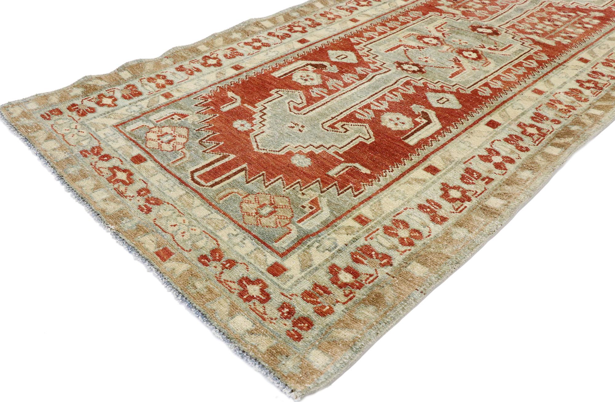 53476 Vintage Persian Malayer runner with Modern Rustic Artisan Tribal style. Embodying tribal style and understated elegance with rustic sensibility, this hand knotted wool vintage Persian Malayer runner is a captivating vision of woven beauty. The