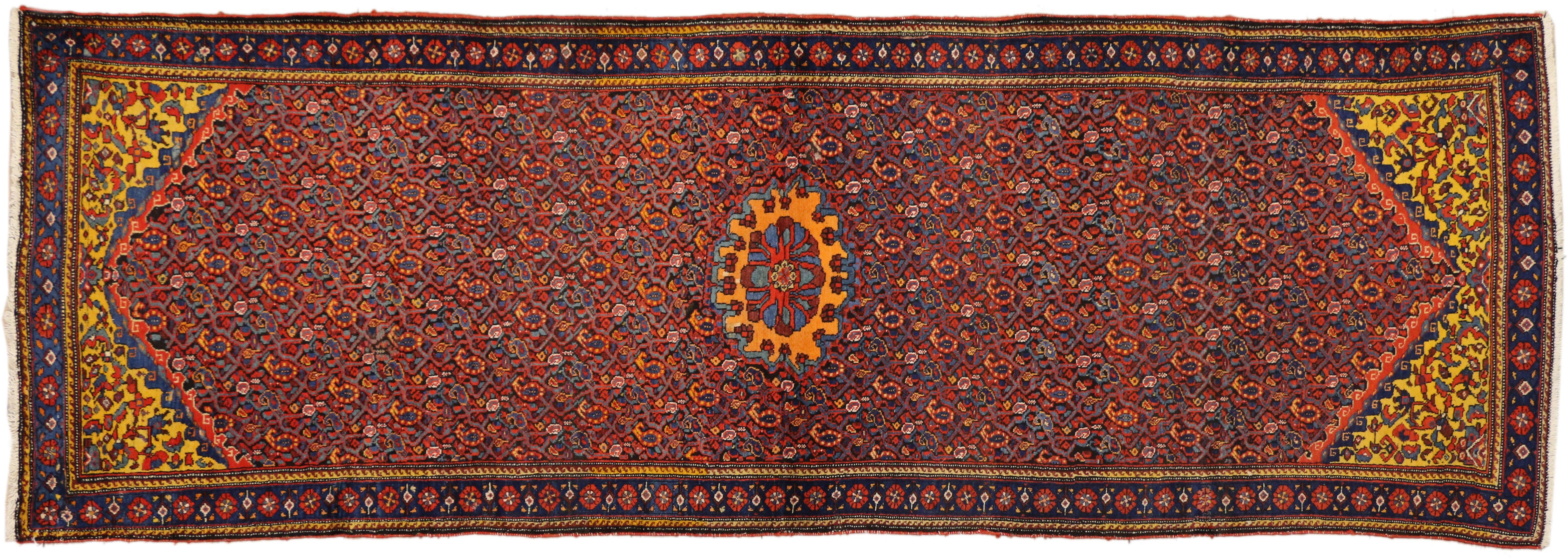 75378, vintage Persian Malayer runner with traditional style and vibrant colors. This hand-knotted wool vintage Persian Malayer carpet runner is patterned with whimsical boteh and vibrant colors that represent the versatile style of the small