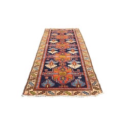 Vintage Persian Malayer Wool 3x10 Ivory, Blue & Orange Handmade Runner Rug