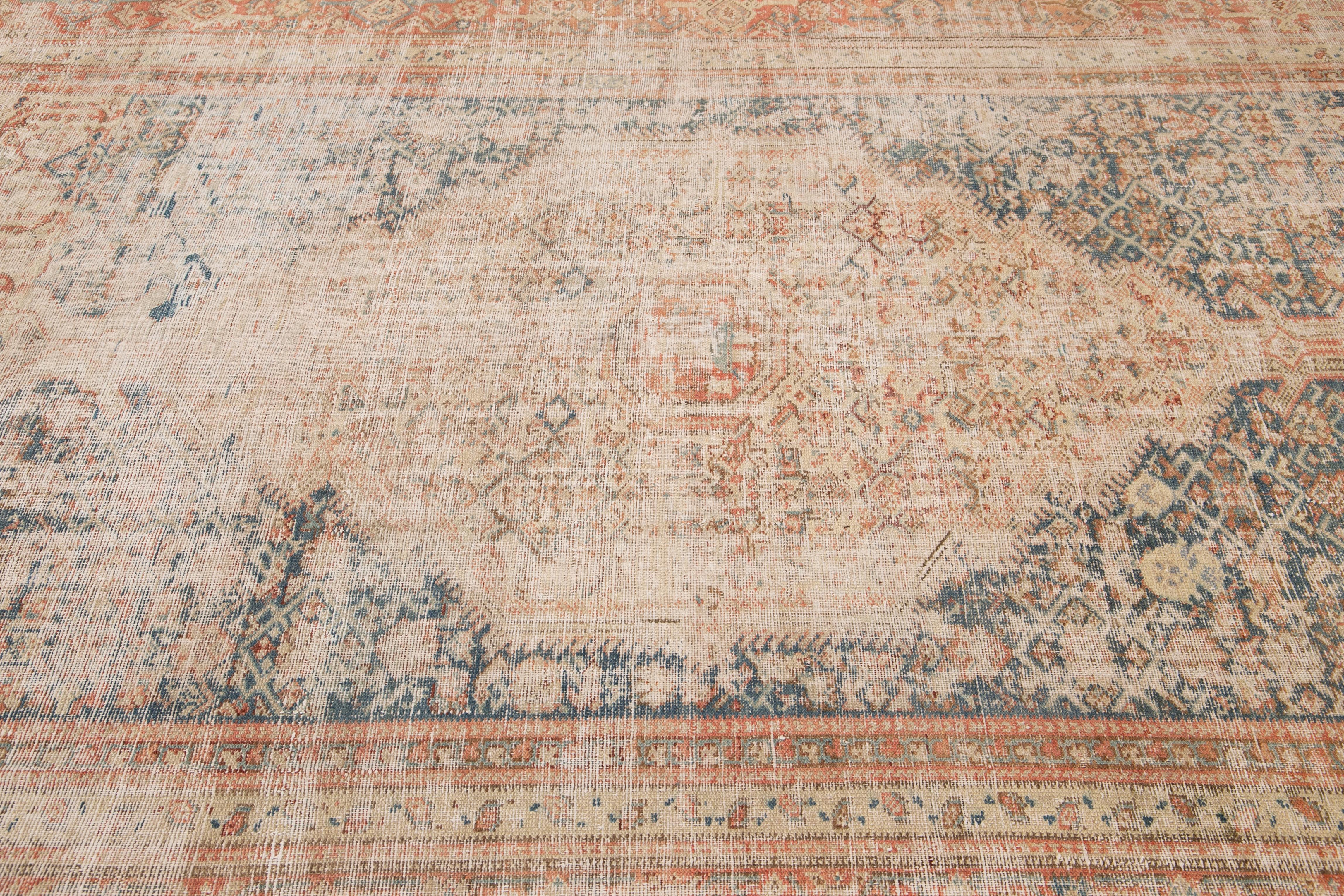 Noué à la main Tapis de couloir persan Malayer vintage en laine rouille et bleu fait à la main avec motif de médaillon en vente