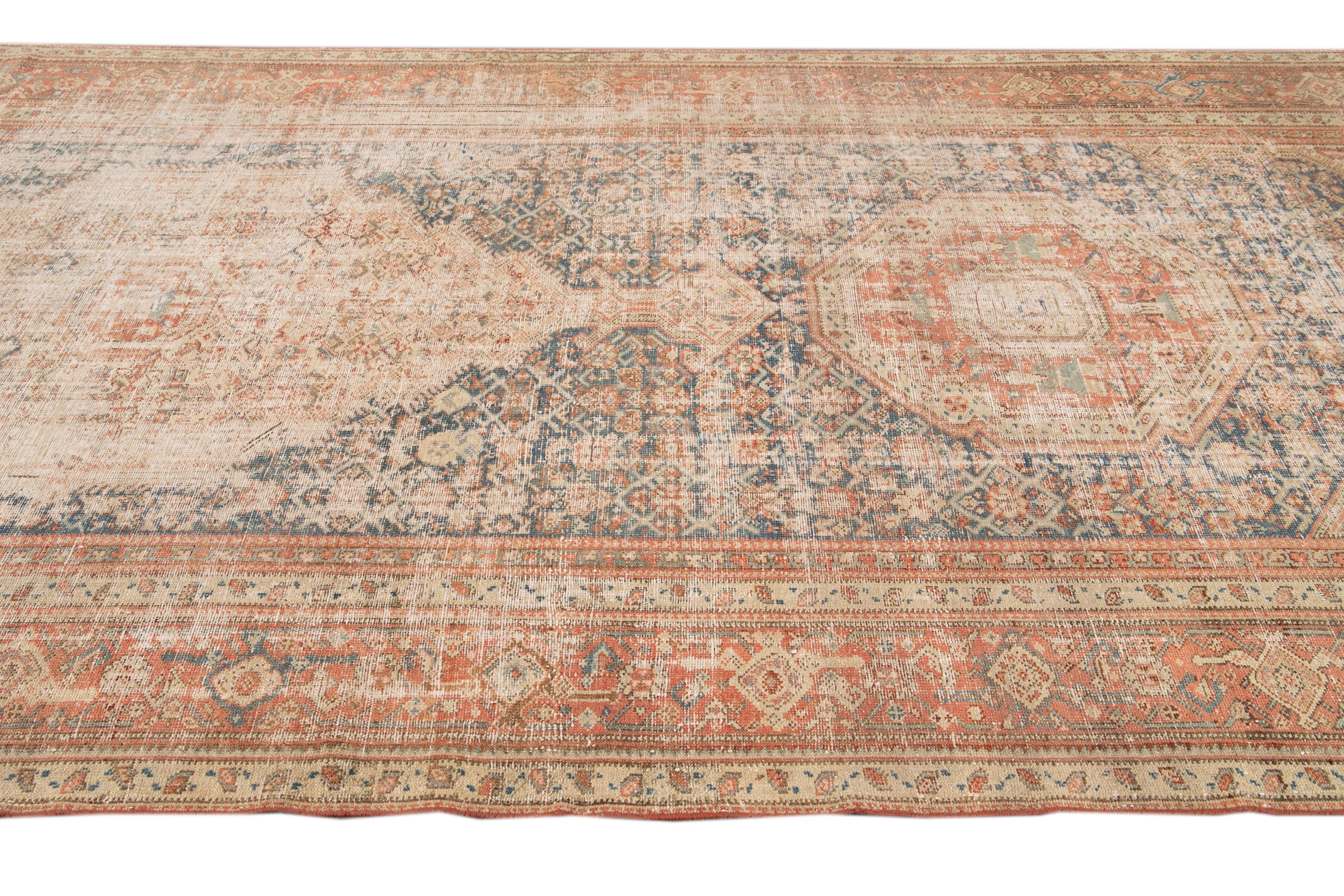Laine Tapis de couloir persan Malayer vintage en laine rouille et bleu fait à la main avec motif de médaillon en vente