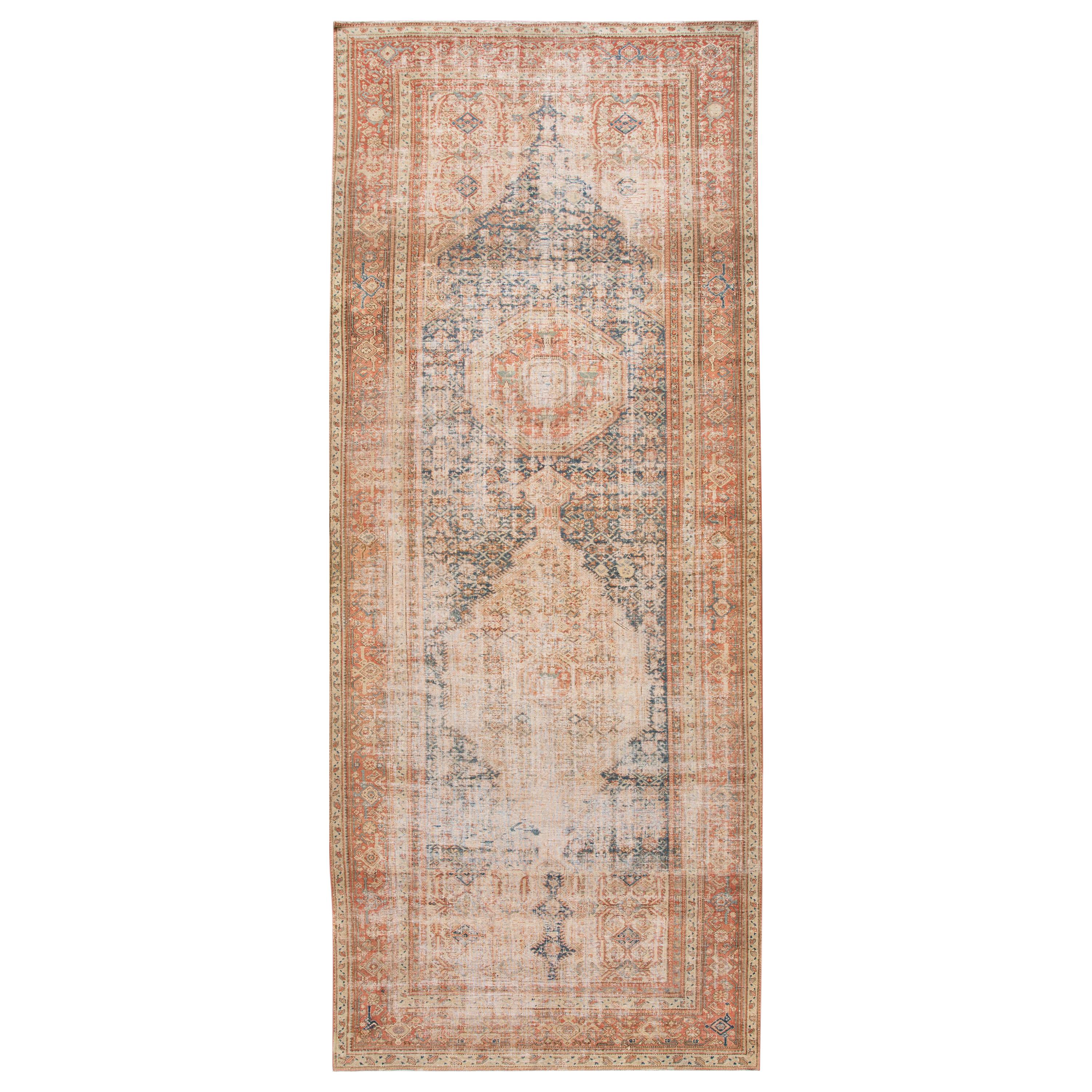 Rust & Blue Vintage Persian Malayer Handmade Wool Runner with Medallion Motif For Sale