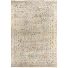 Vintage Persian Mashad Hand Knotted Beige Rug with Blue/Rust Accents