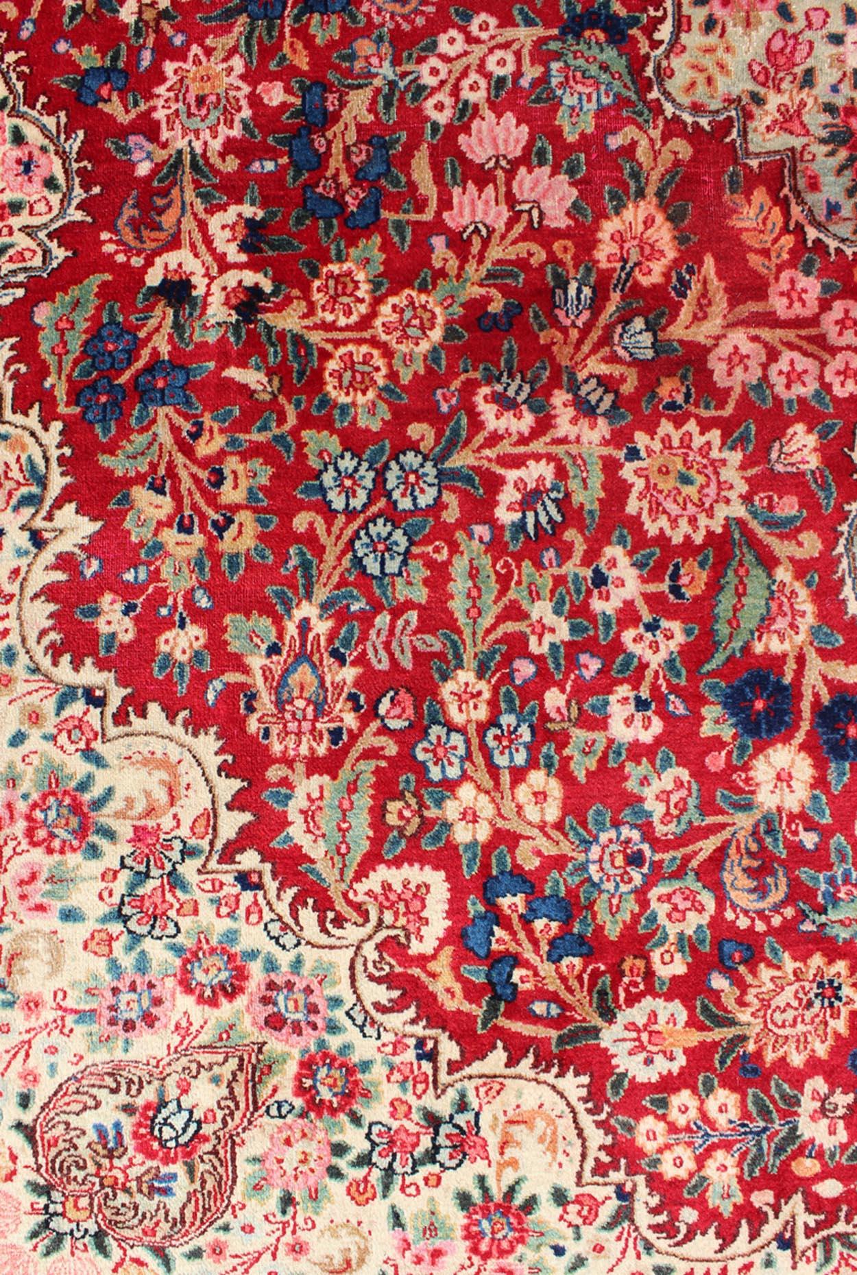 Vintage Persian Mashad Rug with Ornate Floral Medallion Design in Red and Cream For Sale 4