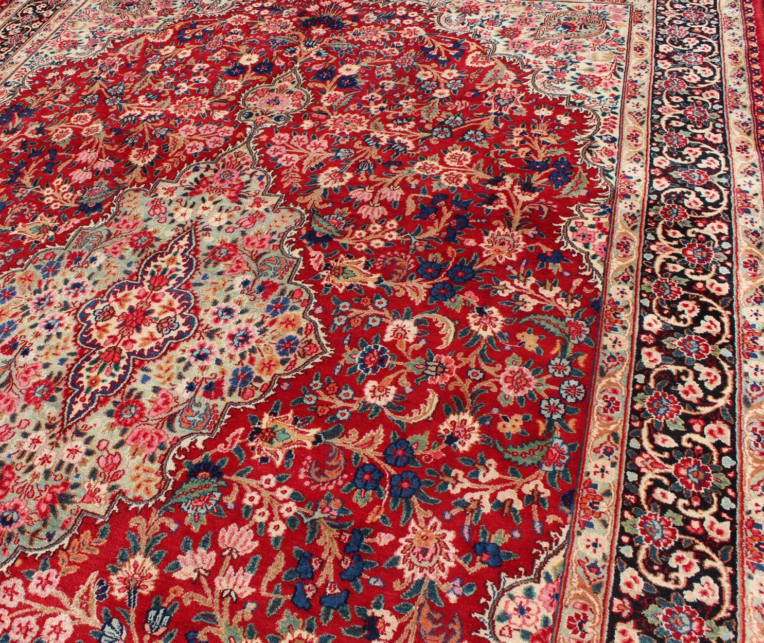 Vintage Persian Mashad Rug with Ornate Floral Medallion Design in Red and Cream In Good Condition For Sale In Atlanta, GA