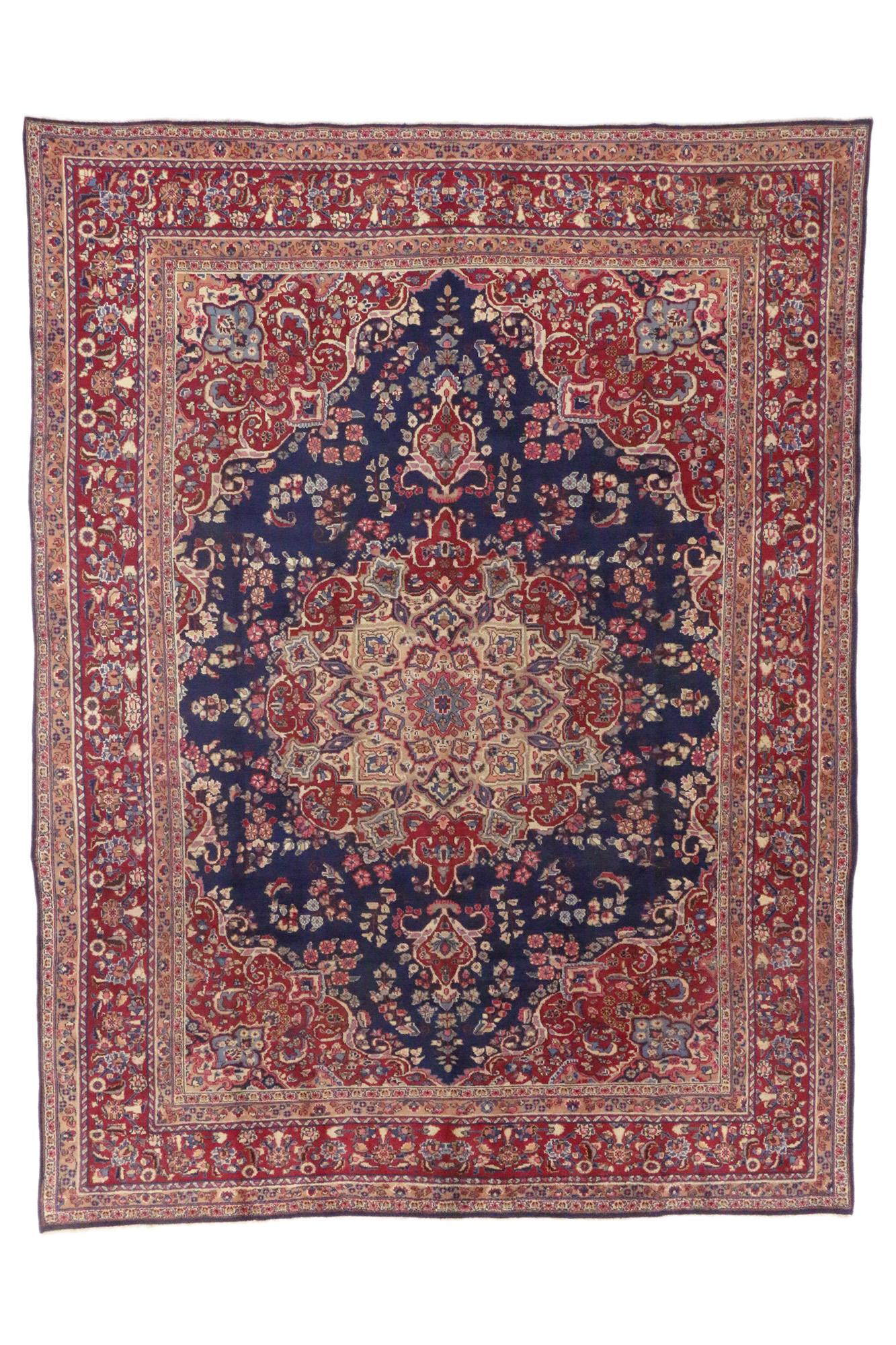 Vintage Persian Mashhad Rug, Regal Baroque Meets Timeless Elegance For Sale 2
