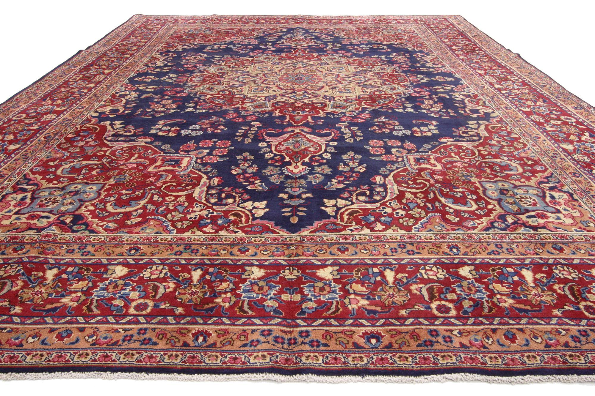 Hand-Knotted Vintage Persian Mashhad Rug, Regal Baroque Meets Timeless Elegance For Sale