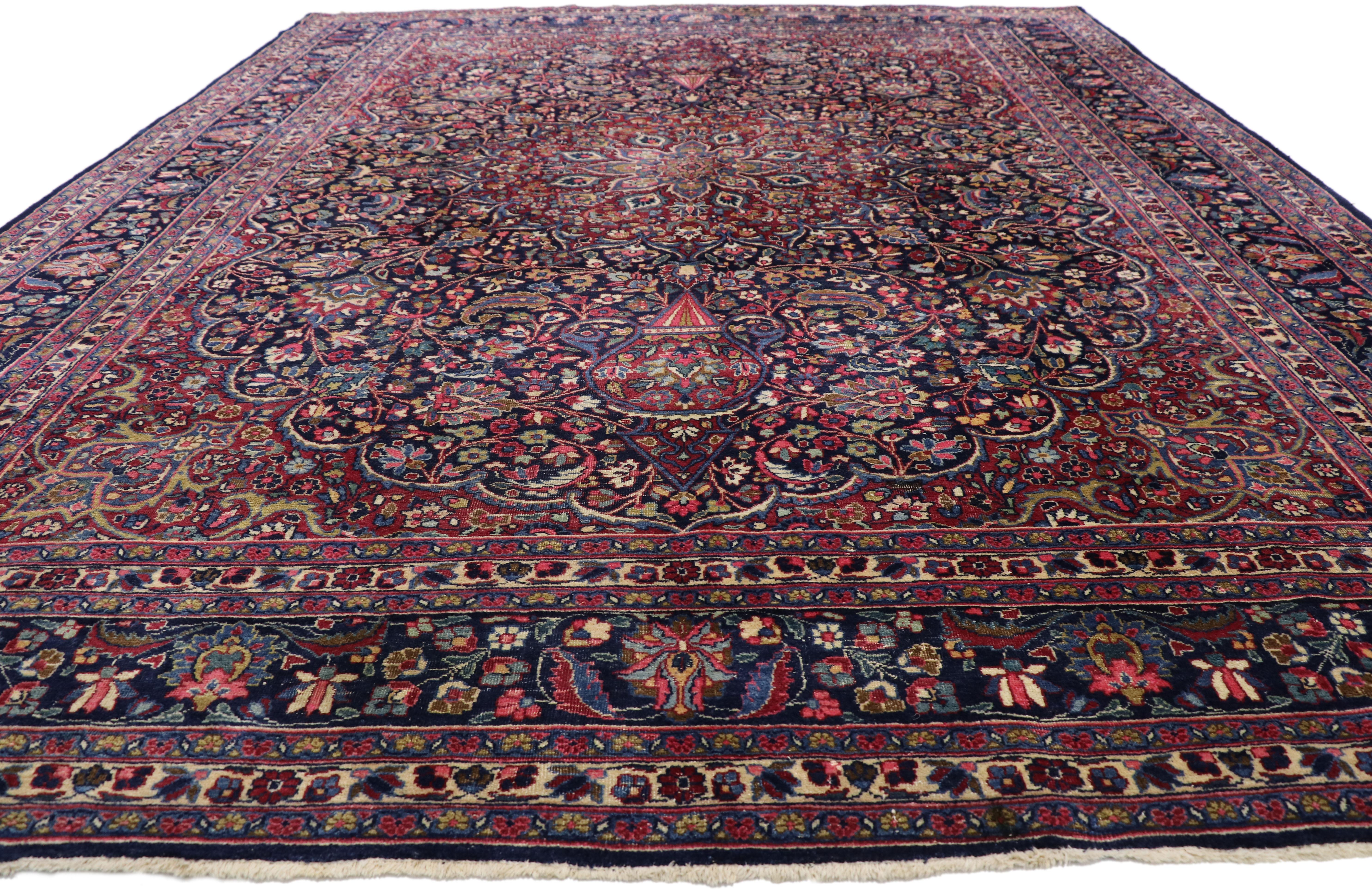 Hand-Knotted Vintage Persian Mashhad Area Rug with Arabesque Baroque Regency Style