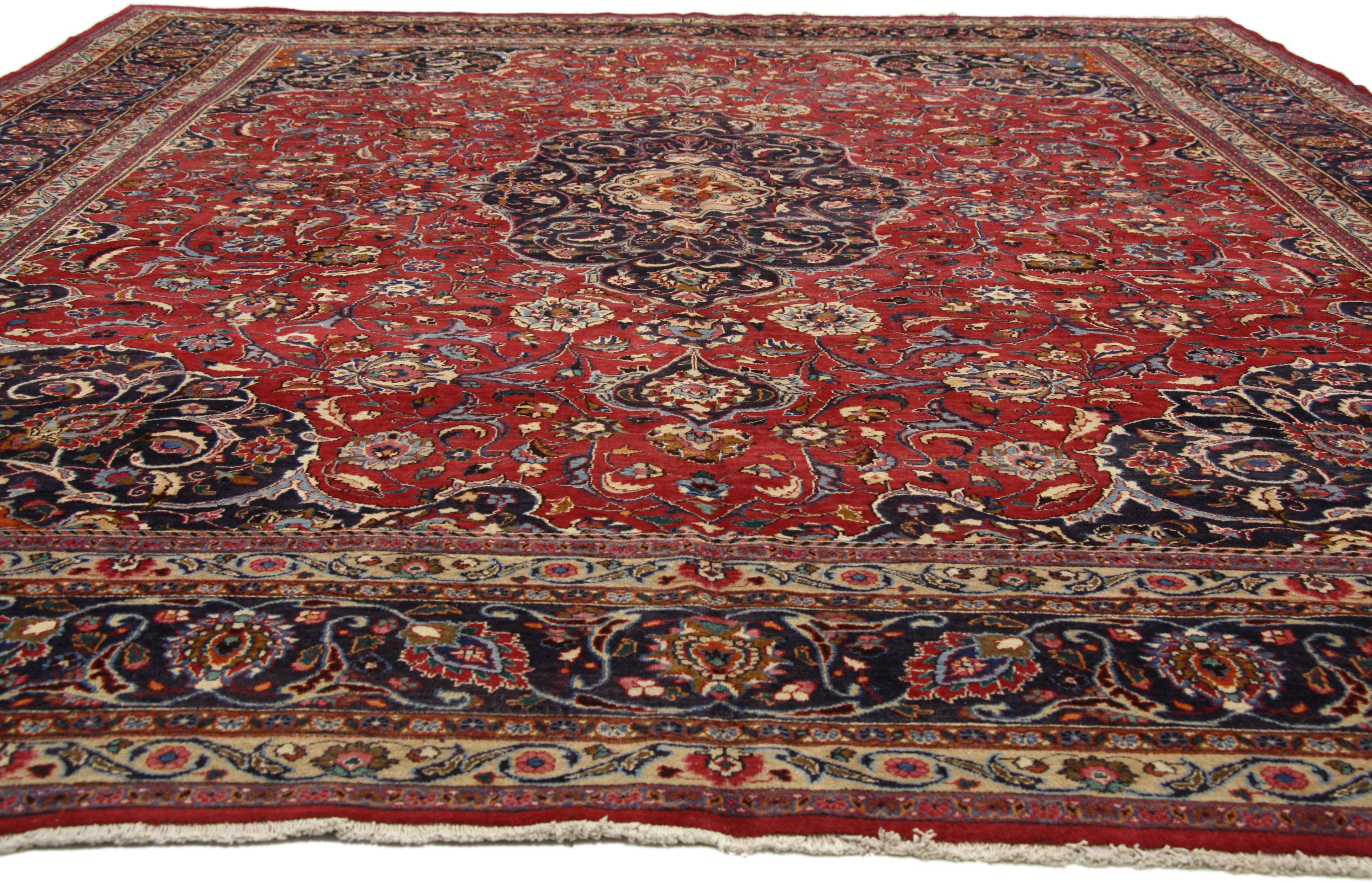 Hand-Knotted Vintage Persian Mashhad Area Rug with Jacobean Style For Sale