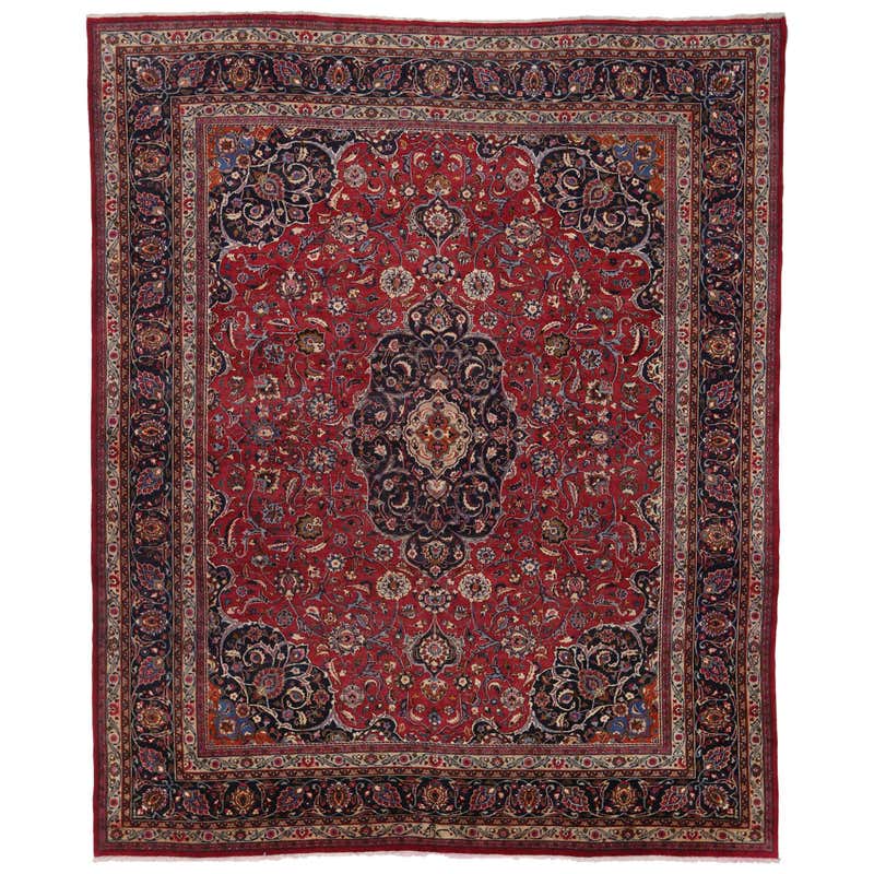 Vintage Persian Mashhad Area Rug with Jacobean Style For Sale at 1stDibs