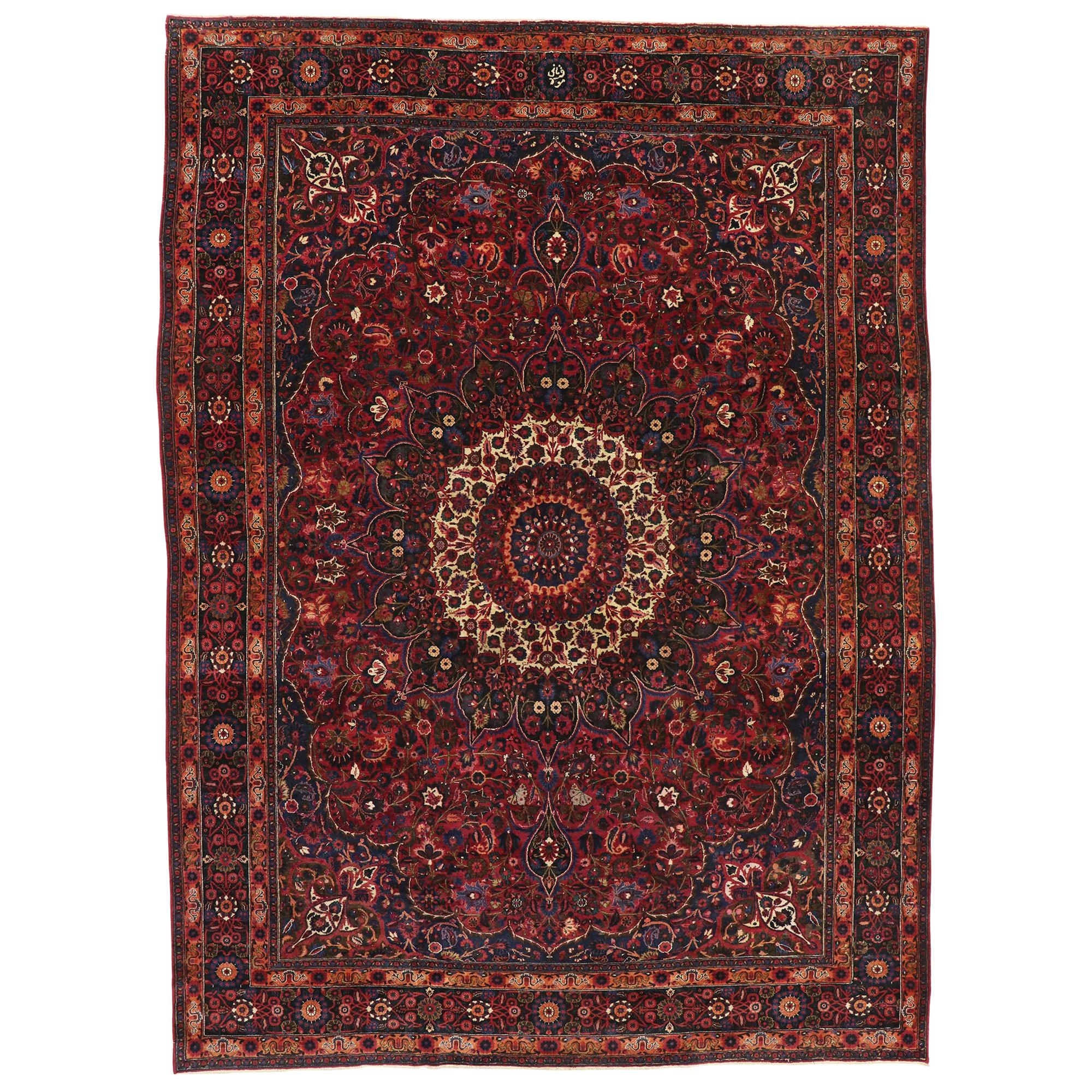 Vintage Persian Mashhad Area Rug with Luxe Victorian Style