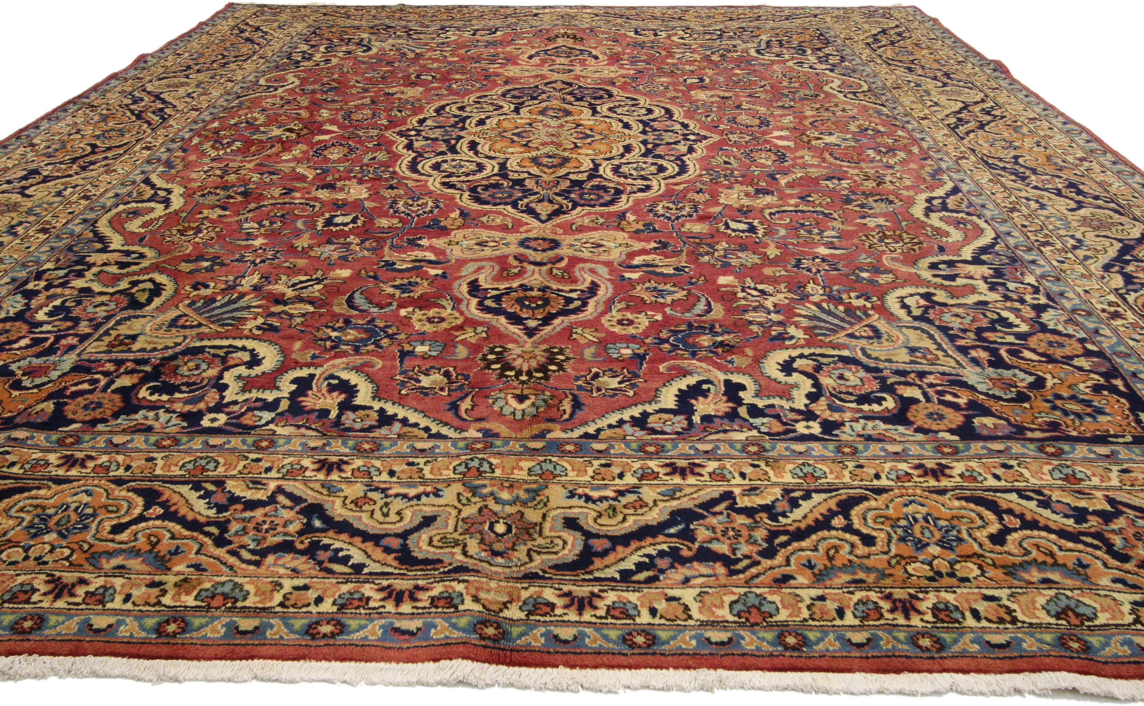 Tabriz Vintage Persian Mashhad Area Rug with Arabesque Baroque Regency Style For Sale