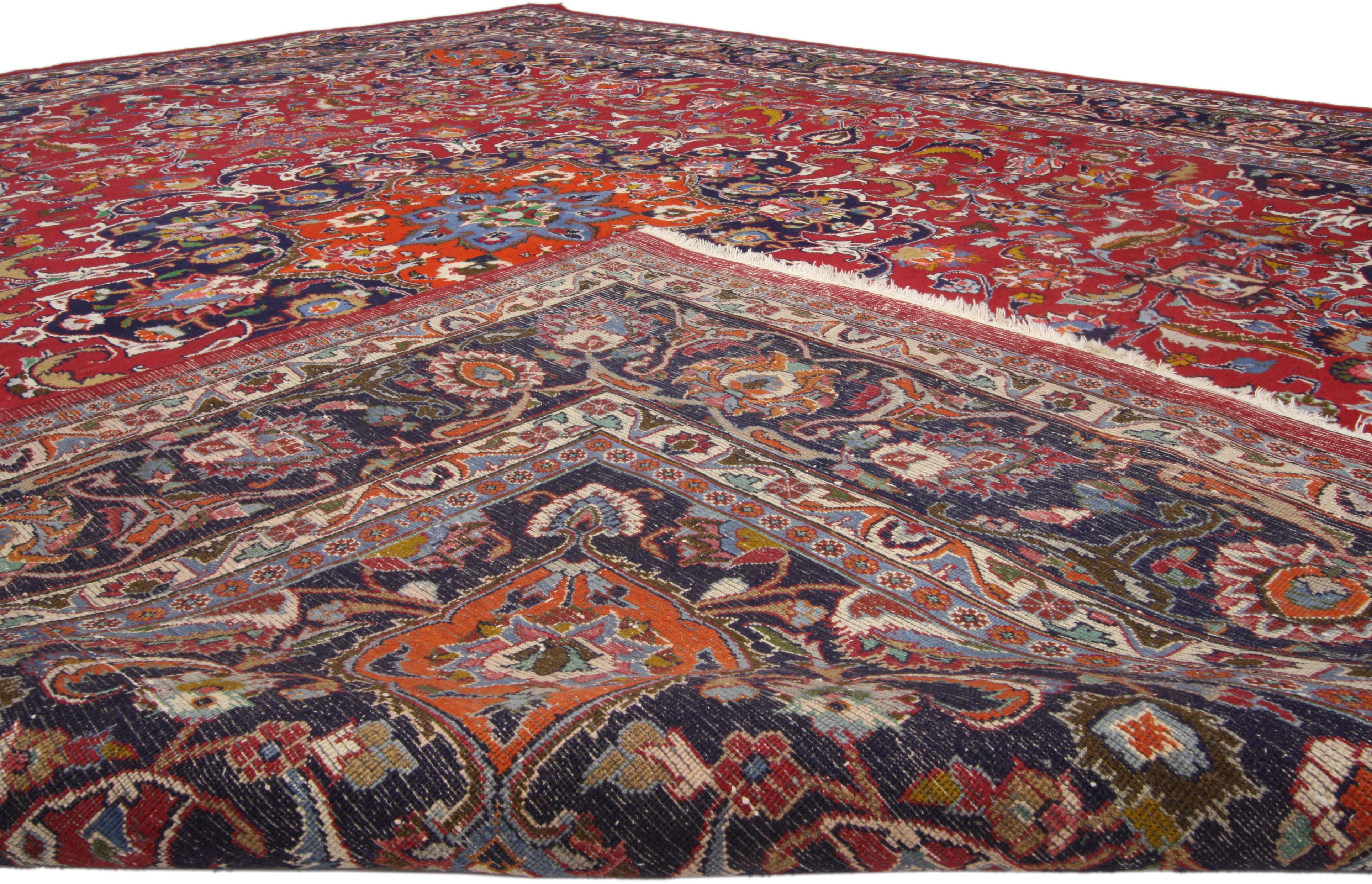 Modern Vintage Persian Mashhad Area Rug with Traditional Style For Sale