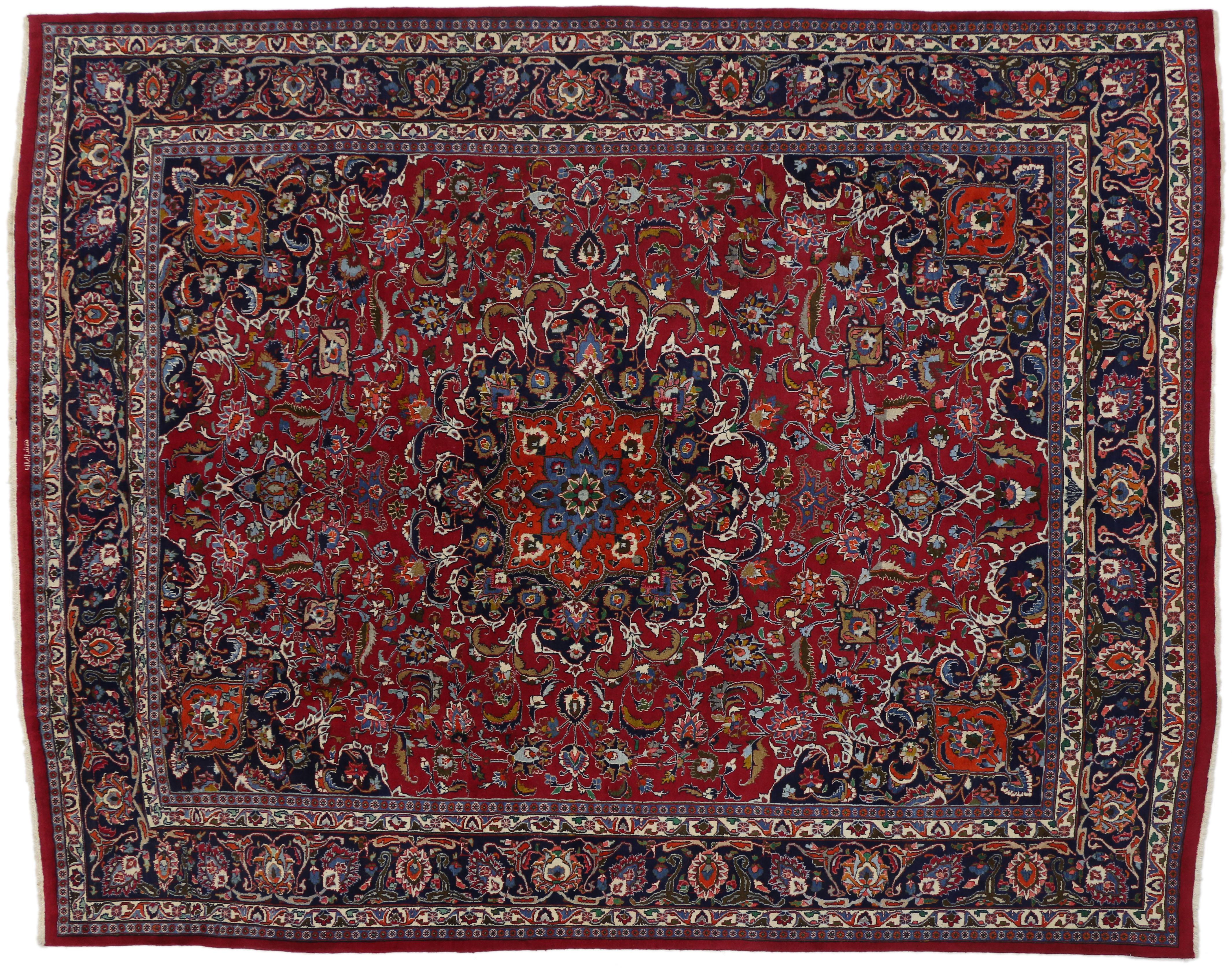 Hand-Knotted Vintage Persian Mashhad Area Rug with Traditional Style For Sale