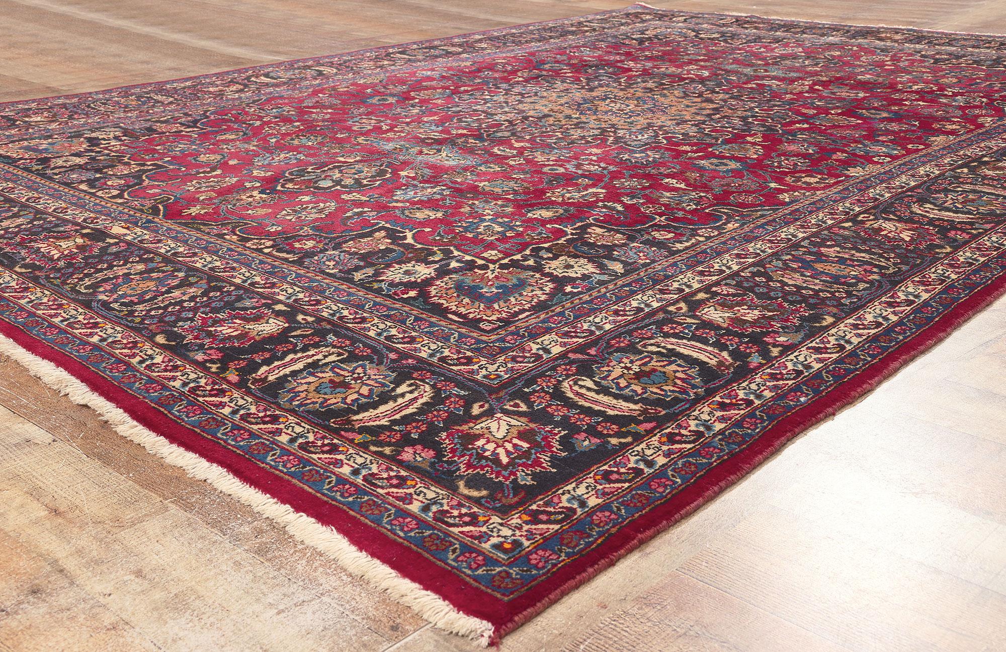 Wool Vintage Persian Mashhad Rug, Stately Decadence Meets Traditional Sensibility For Sale