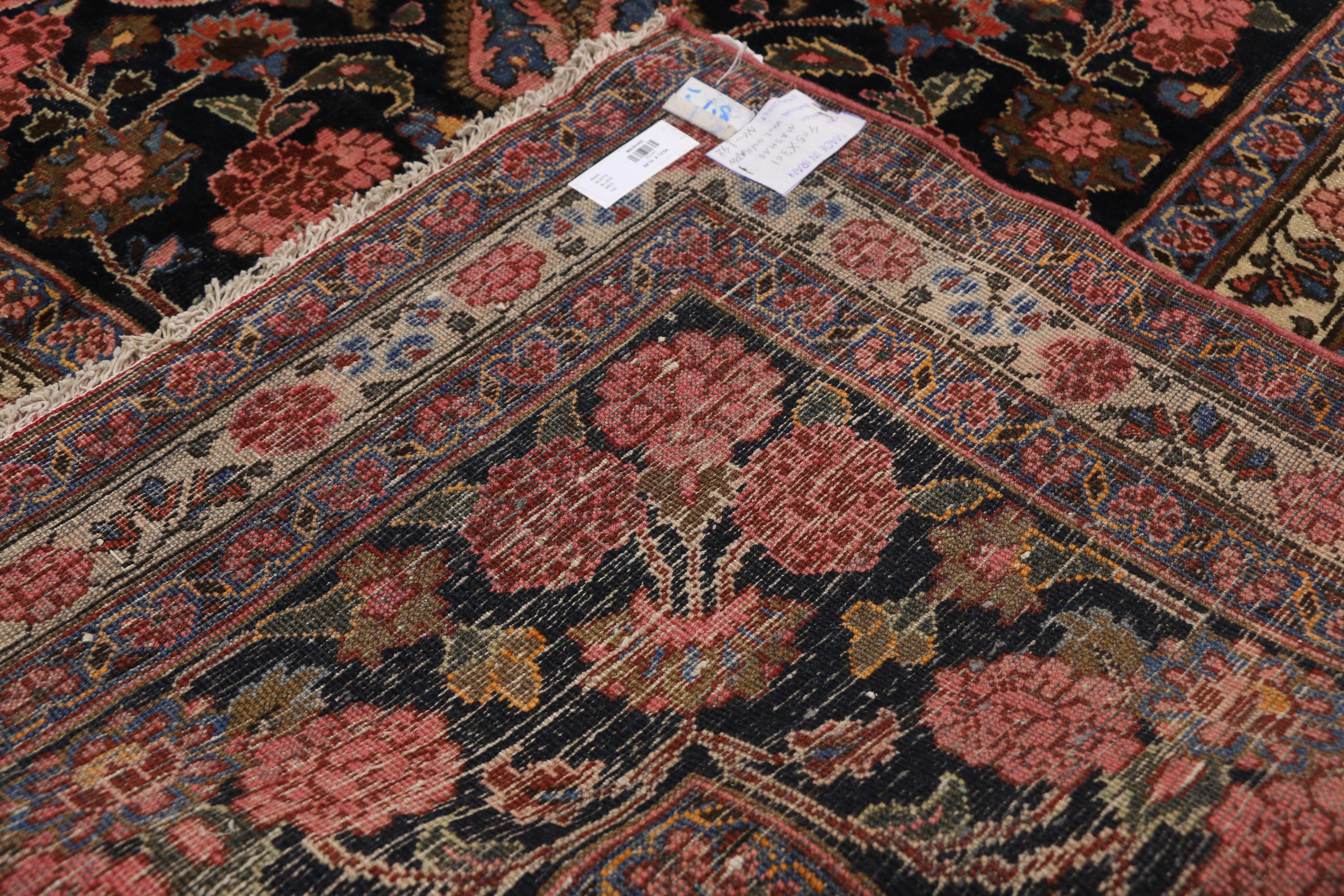Vintage Persian Mashhad Area Rug with Traditional Style For Sale 1