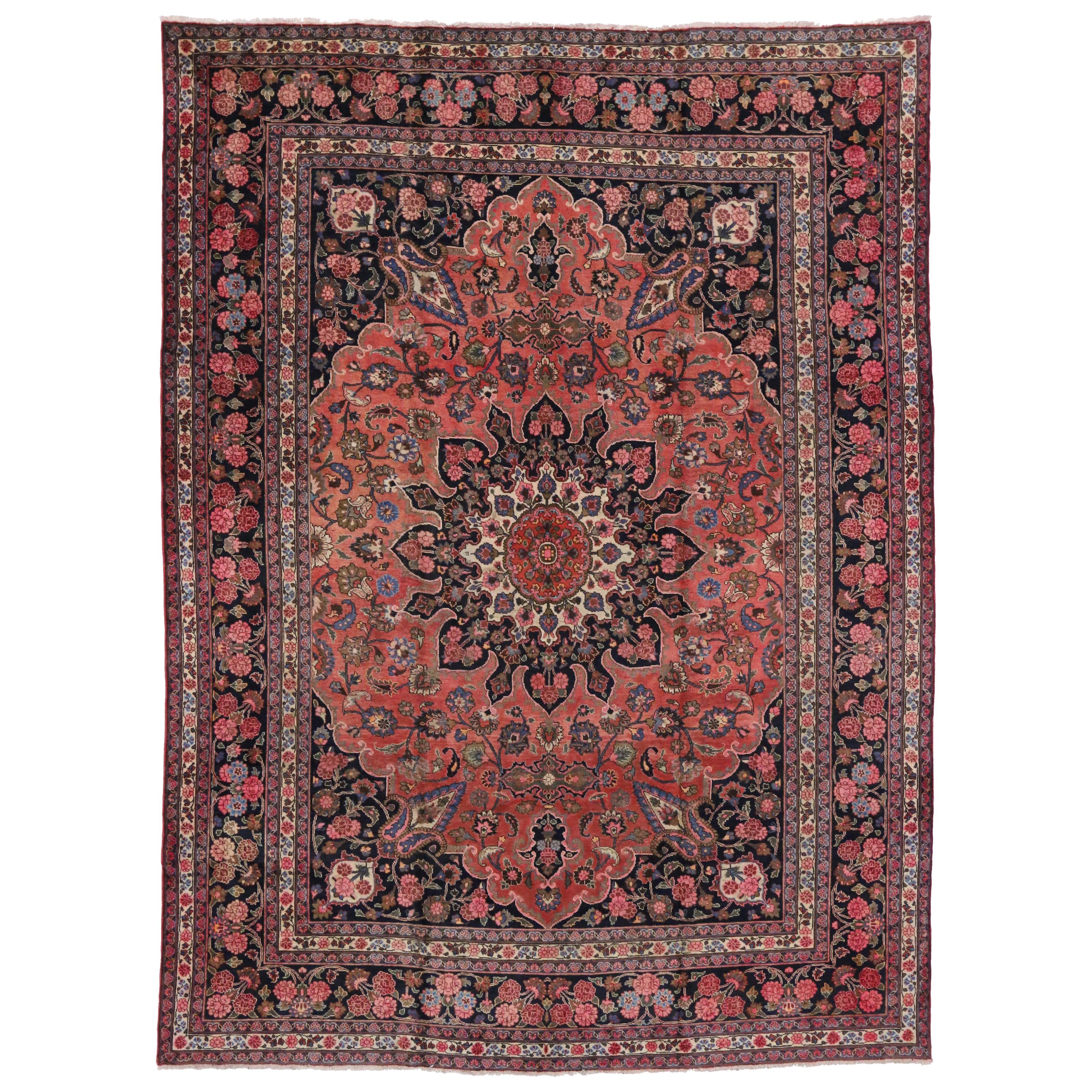 Vintage Persian Mashhad Area Rug with Traditional Style For Sale