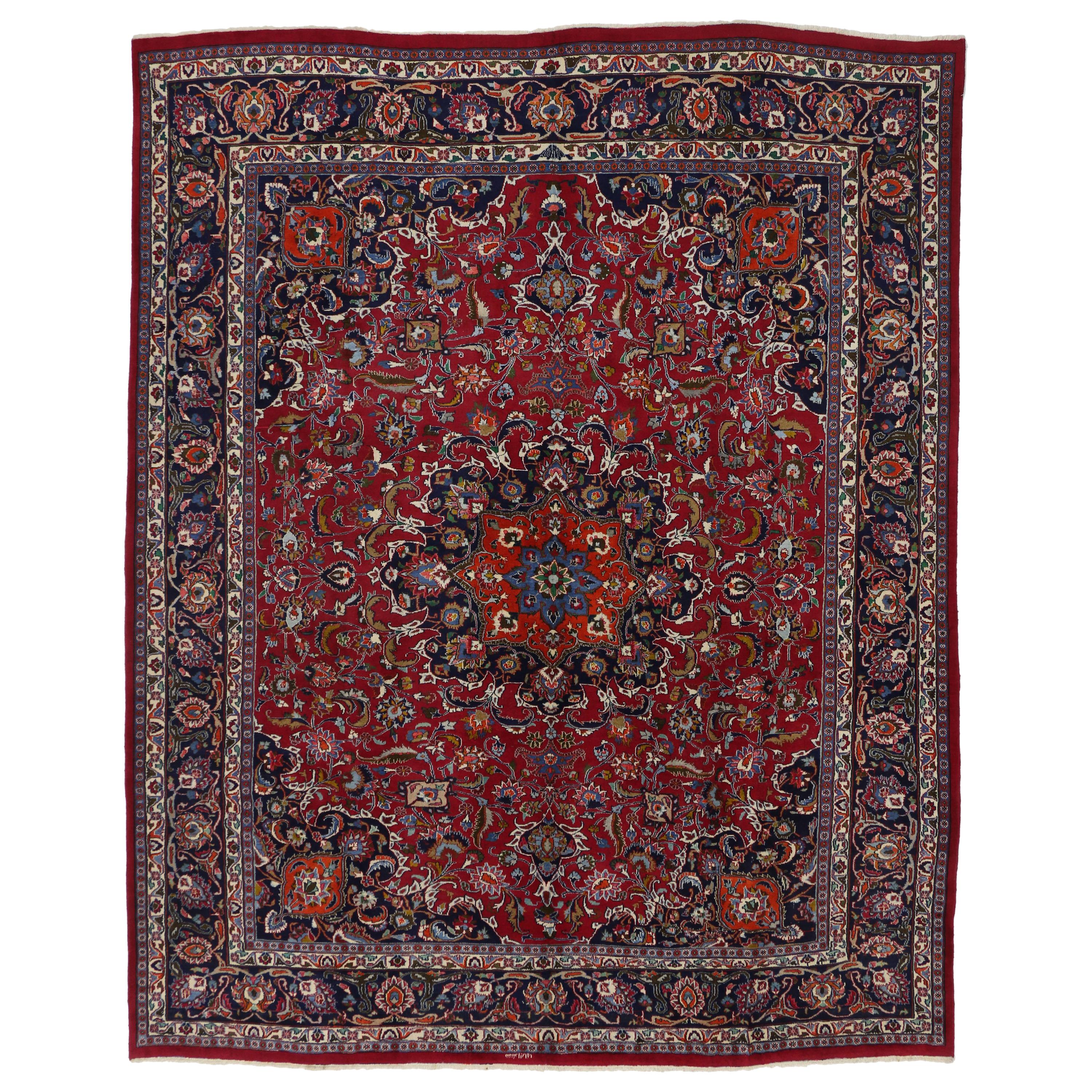 Vintage Persian Mashhad Area Rug with Traditional Style For Sale