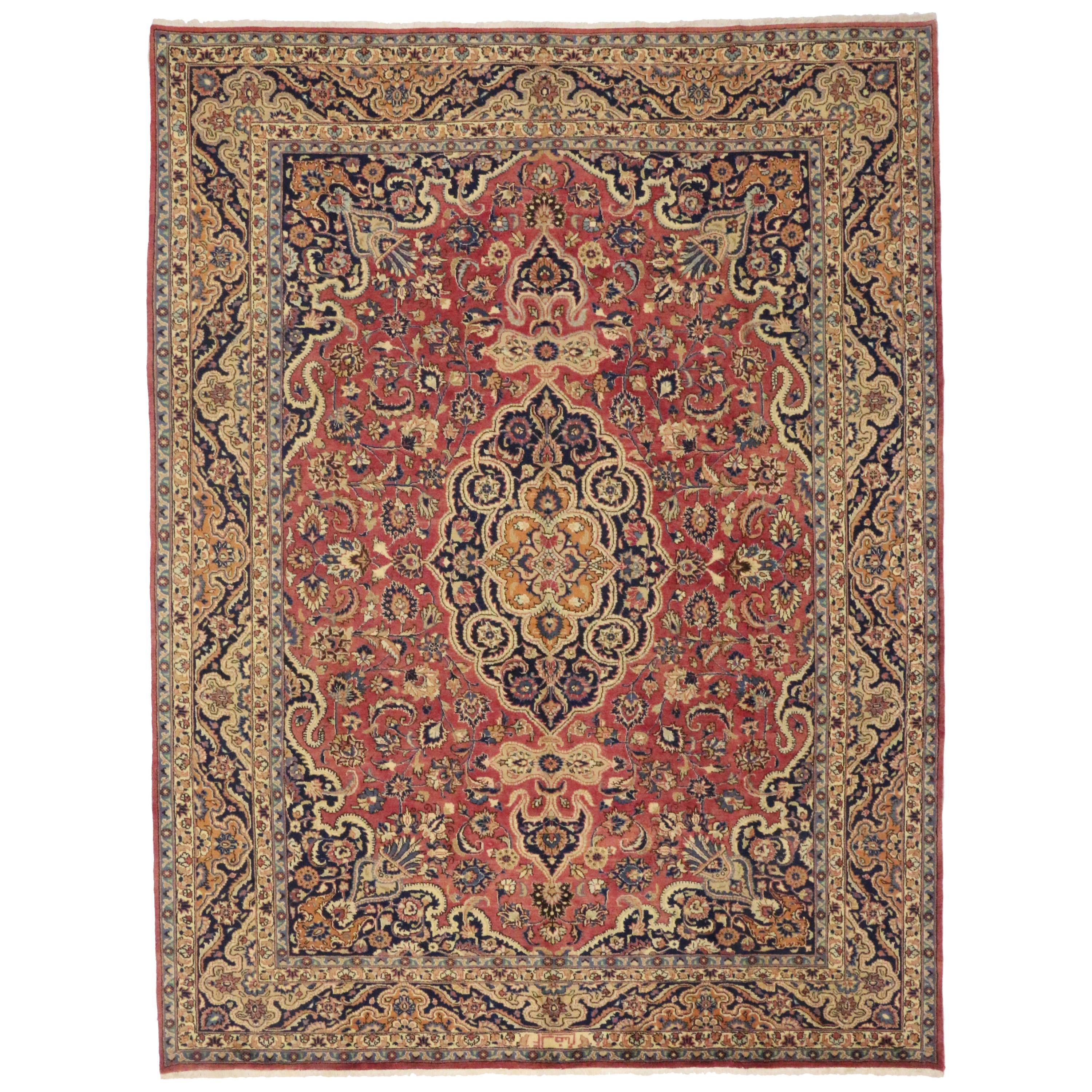 Vintage Persian Mashhad Area Rug with Arabesque Baroque Regency Style For Sale