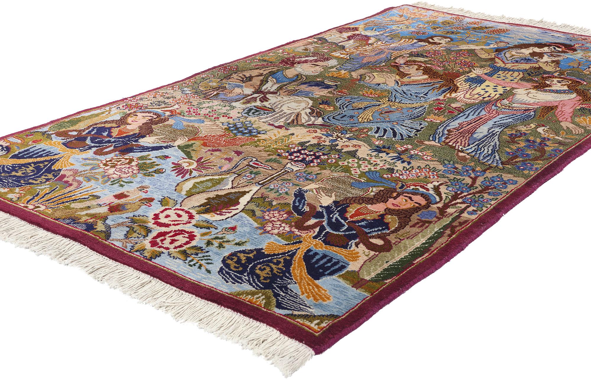 78898 Tappeto persiano d'epoca Mashhad Omar Khayyam, 03'10 x 06'09. Immergiti nell'incantevole mondo della poesia e dell'arte persiana con questo tappeto vintage in lana annodato a mano Mashhad Omar Khayyam, noto anche come tappeto tableau. Questo