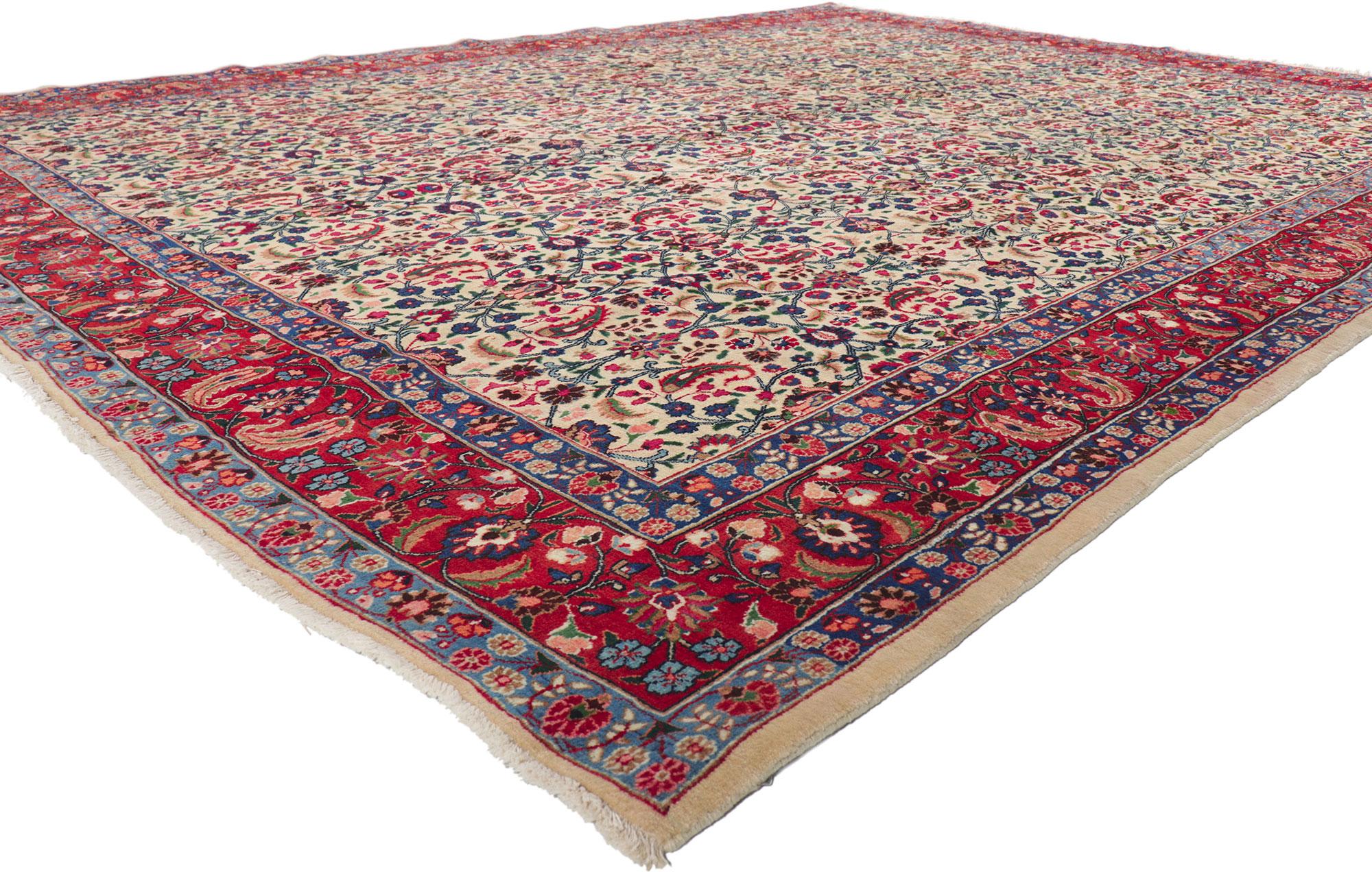 61182 Vintage Persian Mashhad rug, 09'07 x 12'08
With its timeless style, incredible detail and texture, this hand-knotted wool vintage Persian Mashhad rug is poised to impress. The eye-catching Herati design and sophisticated colorway woven into