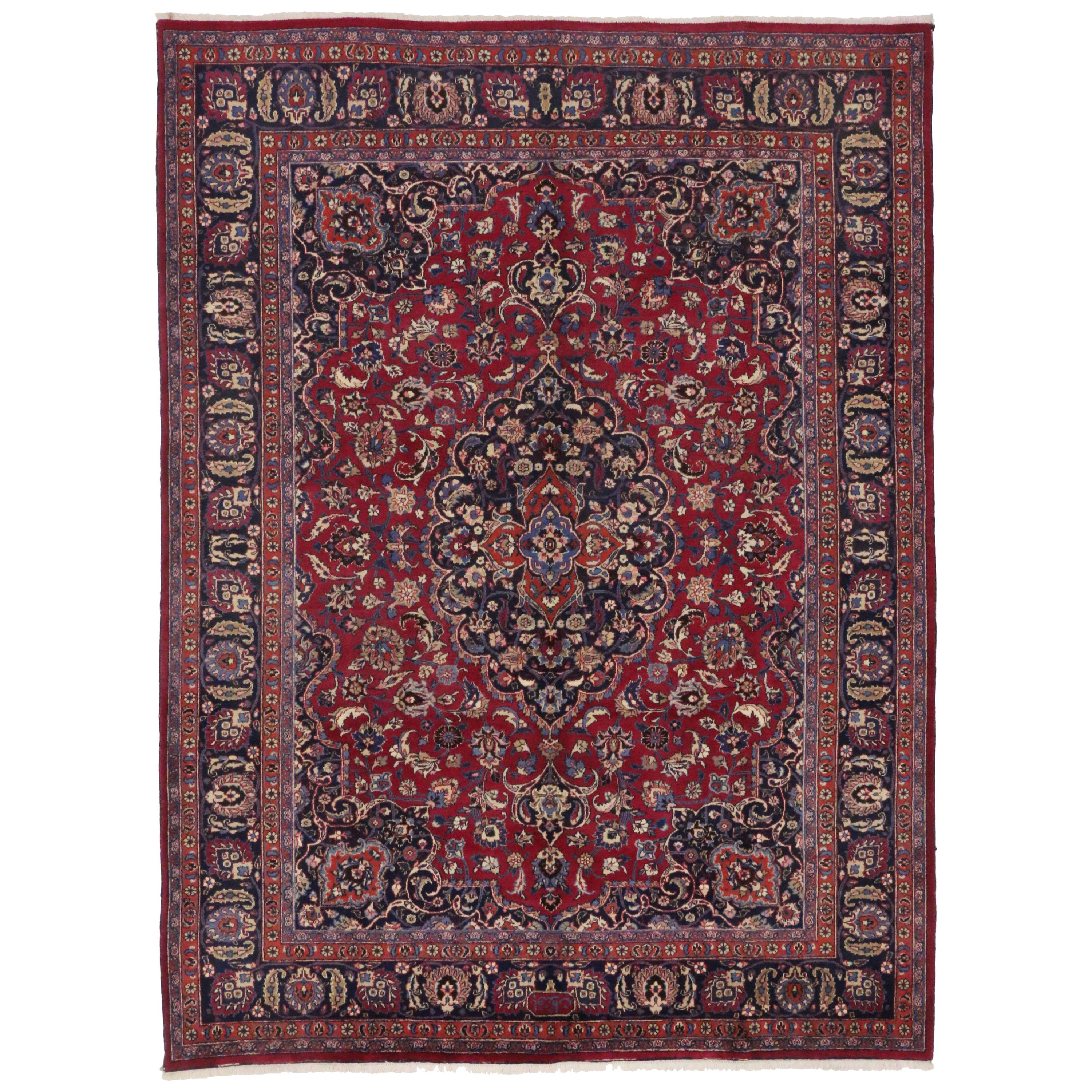 Vintage Persian Mashhad Area Rug with Arabesque Baroque Regency Style For Sale