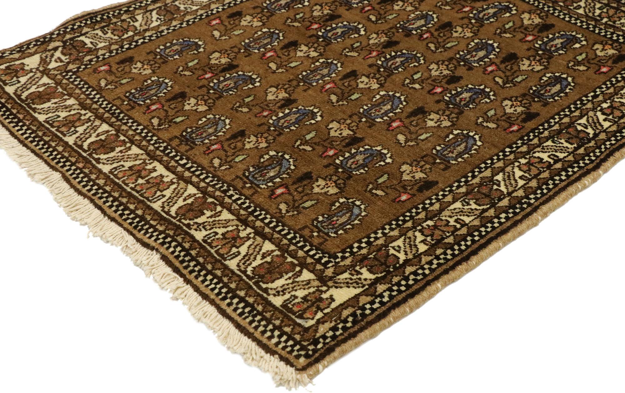 75168, vintage Persian Mashhad Scatter rug with Mid-Century Modern style. With timeless appeal and Mid-Century Modern style, this hand knotted wool vintage Persian Mashhad scatter rug can beautifully blend traditional, modern, and contemporary