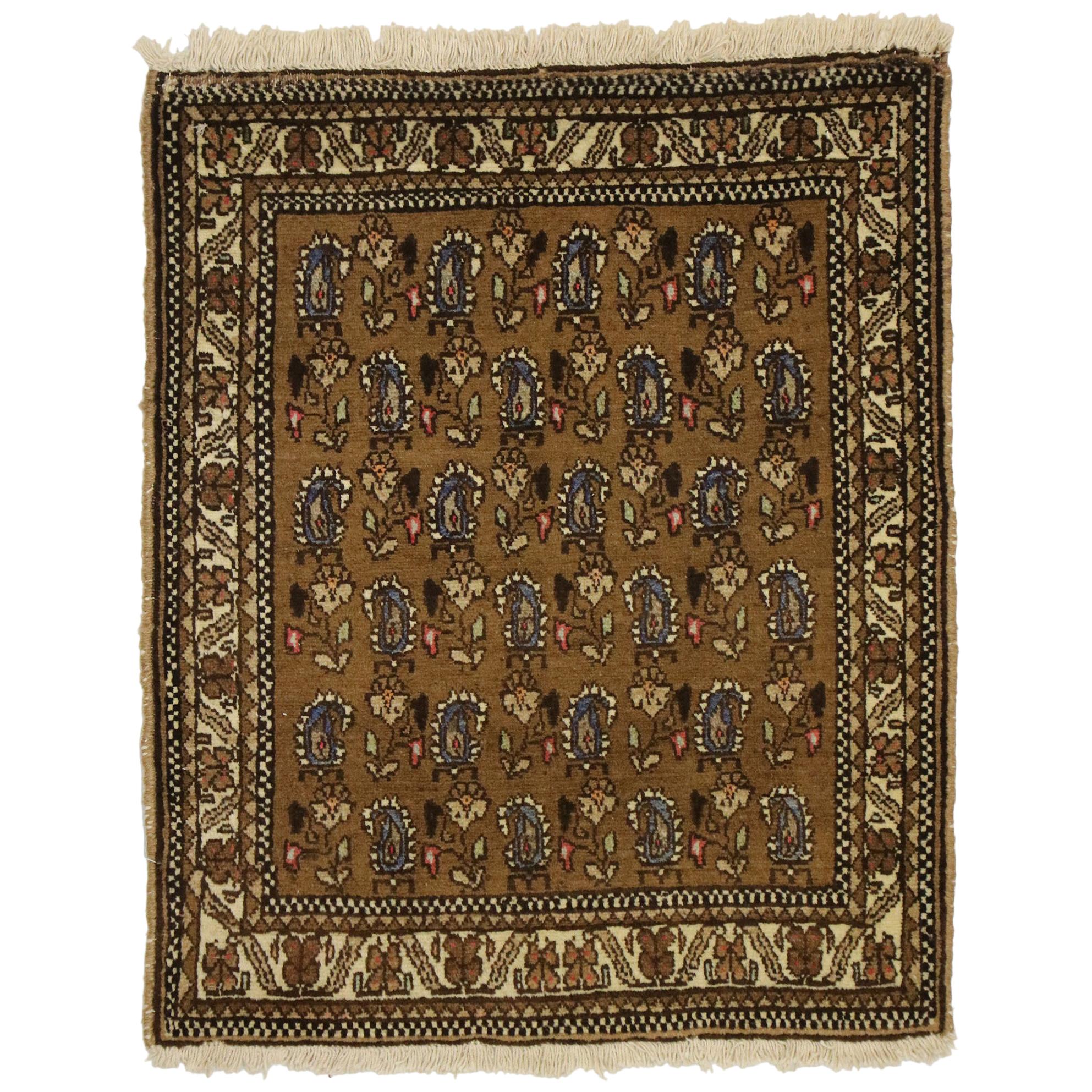 Vintage Persian Mashhad Scatter Rug with Mid-Century Modern Style