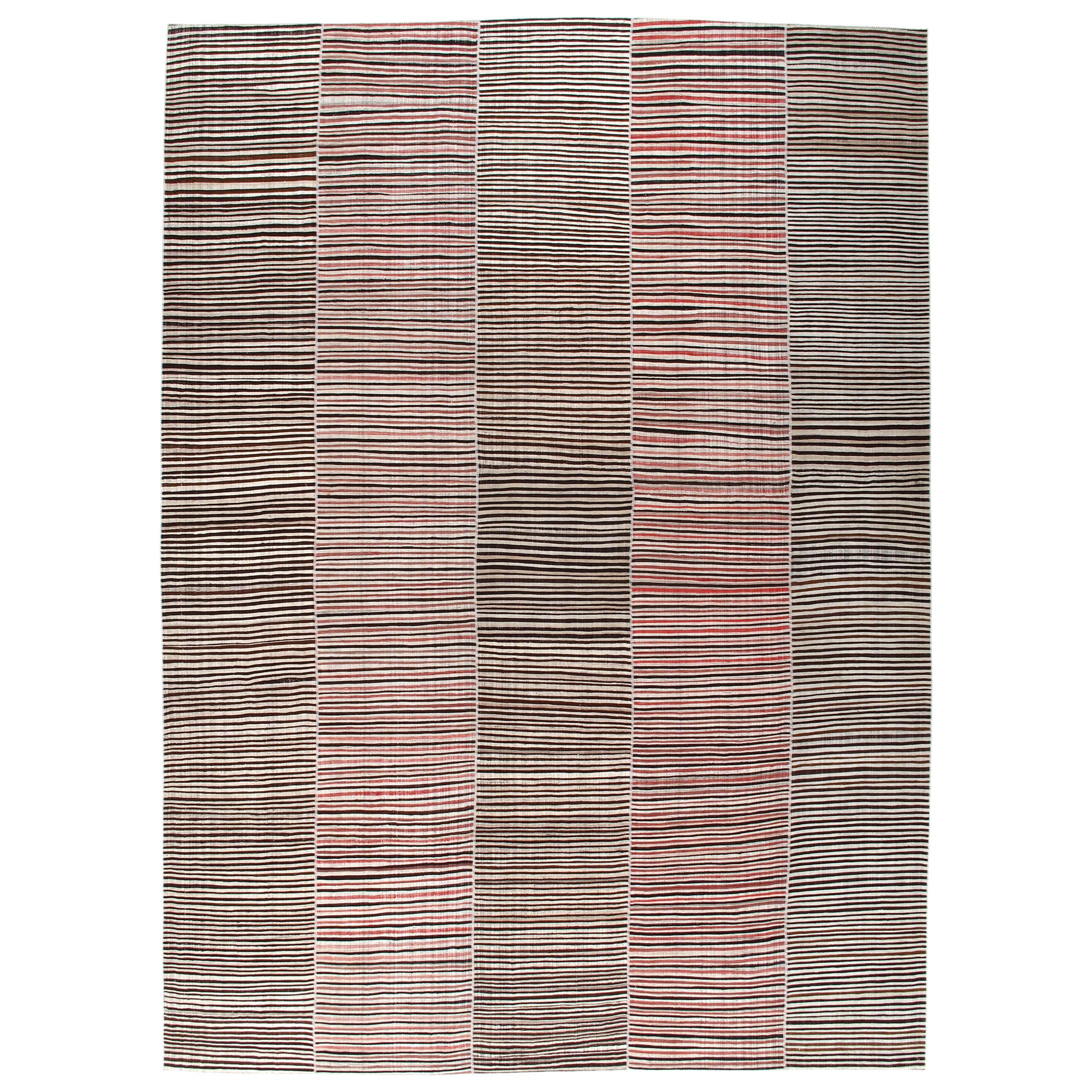 Vintage Persian Mazandaran Handwoven Flat-Weave Rug in Brown and Red Stripes