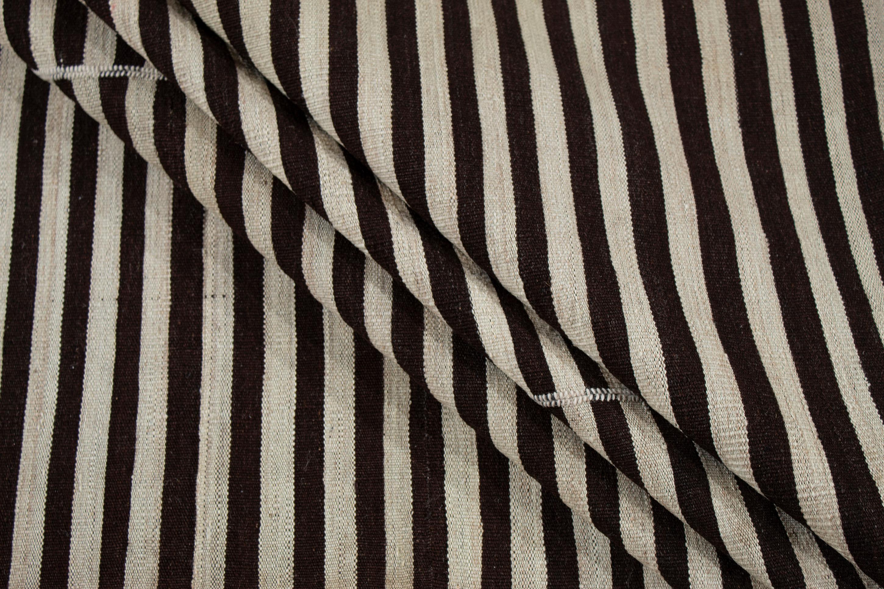 Vintage Persian Mazandaran Handwoven Flatweave Rug in Black and White Stripe In Good Condition For Sale In New York, NY
