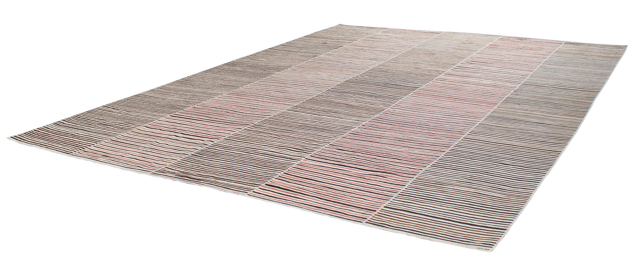 Hand-Woven Vintage Persian Mazandaran Handwoven Flat-Weave Rug in Brown and Red Stripes For Sale