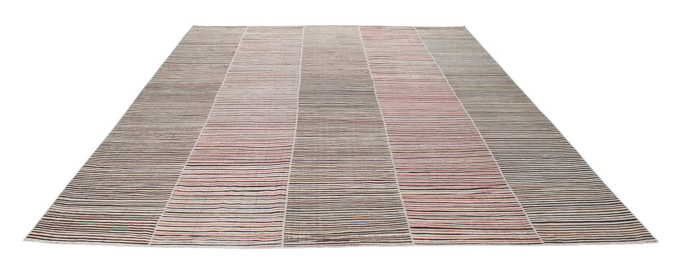 Vintage Persian Mazandaran Handwoven Flat-Weave Rug in Brown and Red Stripes In Good Condition For Sale In New York, NY