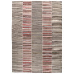 Vintage Persian Mazandaran Handwoven Flatweave Rug in Brown, Sand and Red Stripe