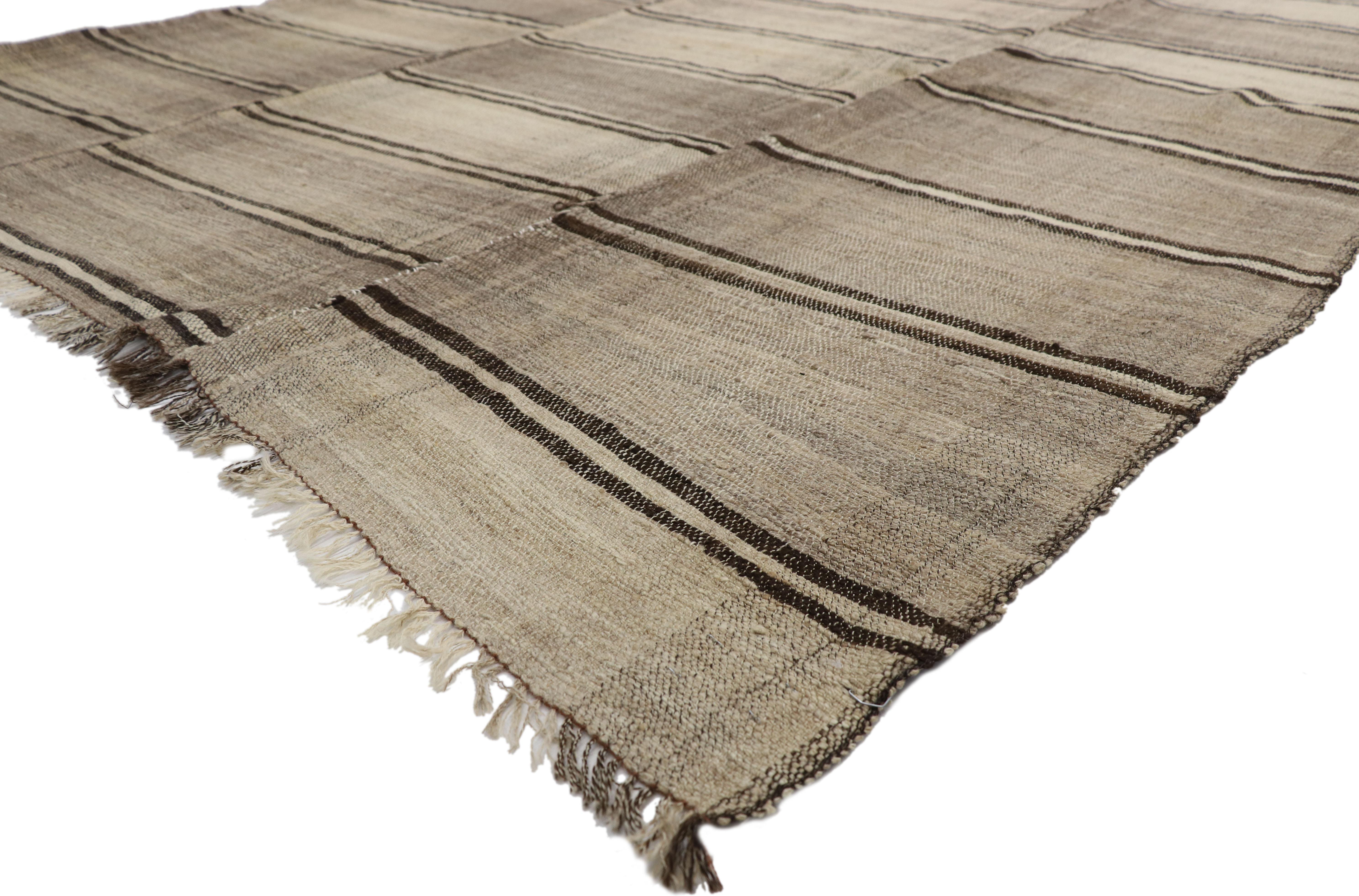 76396, vintage Persian Mazandaran Kilim Gallery rug with Mid-Century Modern style. Create a comfortable and modern setting with this vintage Persian Kilim rug from Mazandaran in north central Iran. Featuring a simplistic style and modest palette,