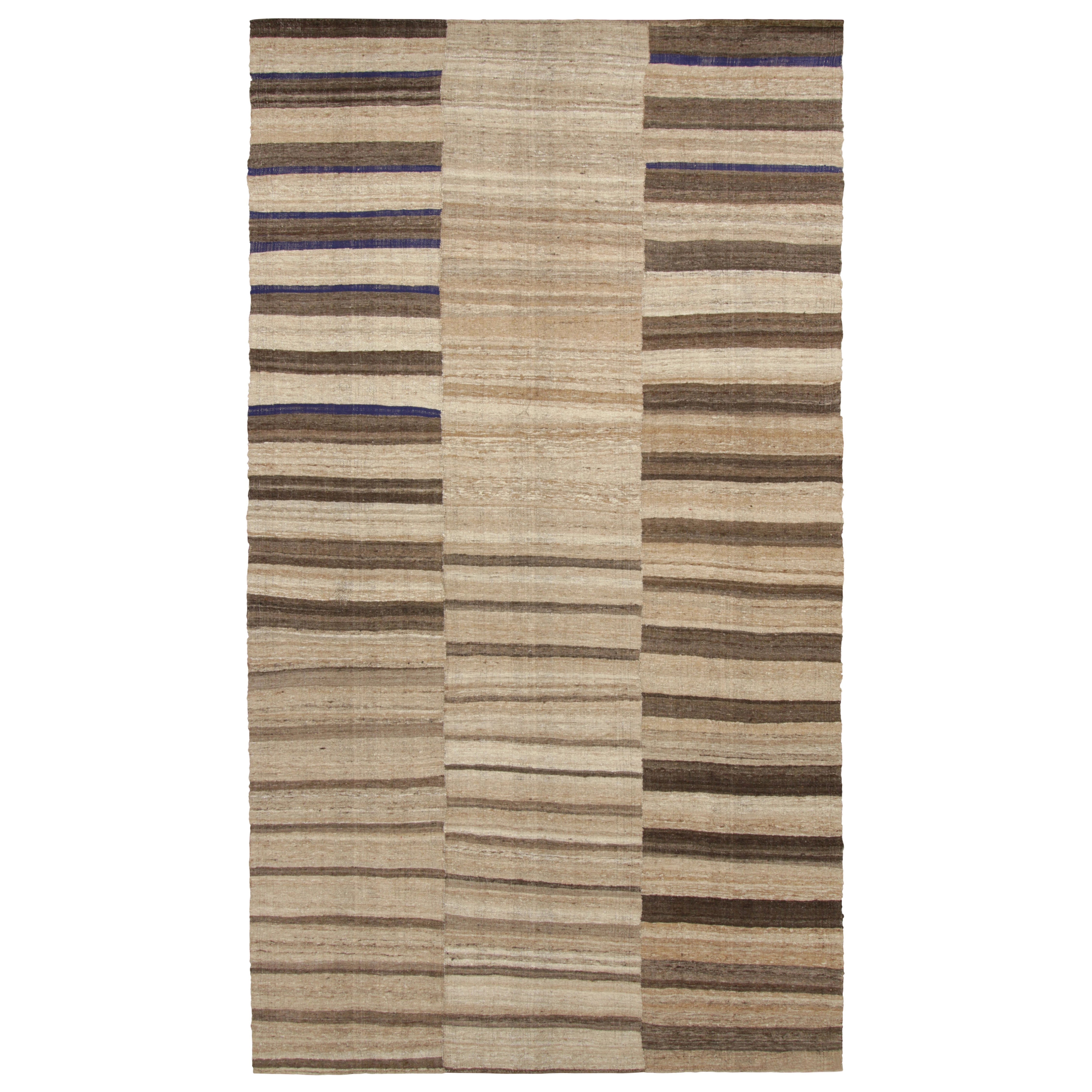Vintage Persian Mazandaran Kilim in Beige-Brown Striped Patterns - Rug & Kilim