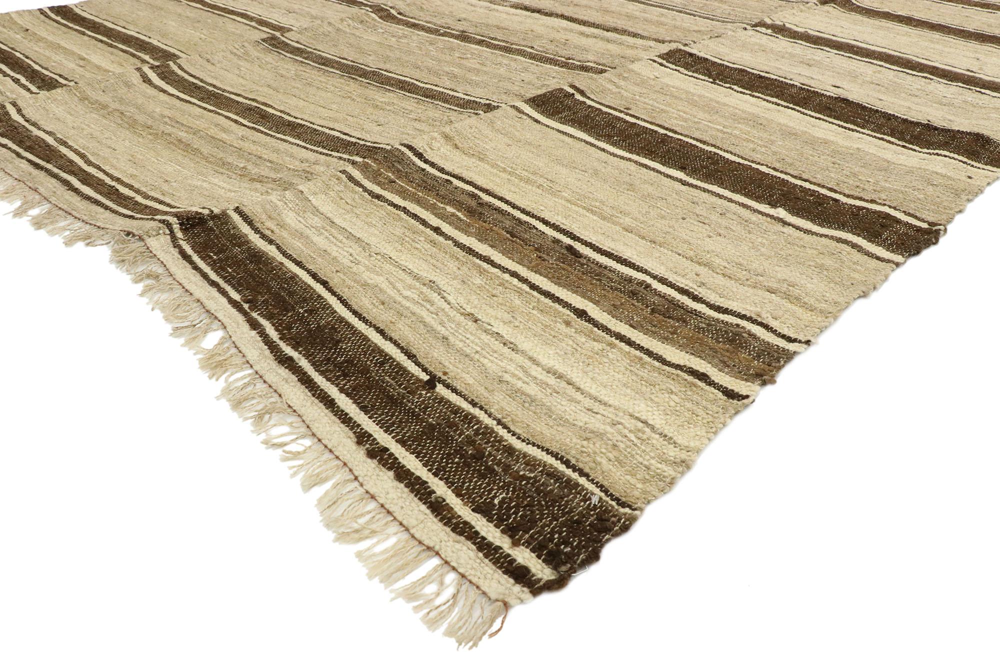 76398, vintage Persian Mazandaran Striped Kilim rug with Mid-Century Modern style. Reminiscent of an exotic journey and worldly sophistication, this handwoven wool vintage Persian Mazandaran striped Kilim rug beautifully embodies a breezy British